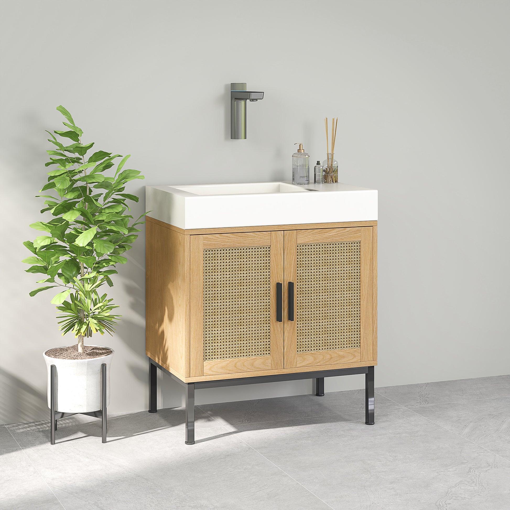 Bathroom Cabinet Vanity Cabinet with Rattan Look, Sink Vanity Cabinet with Tip Protection, Oak, 60 x 39 x 60 cm
