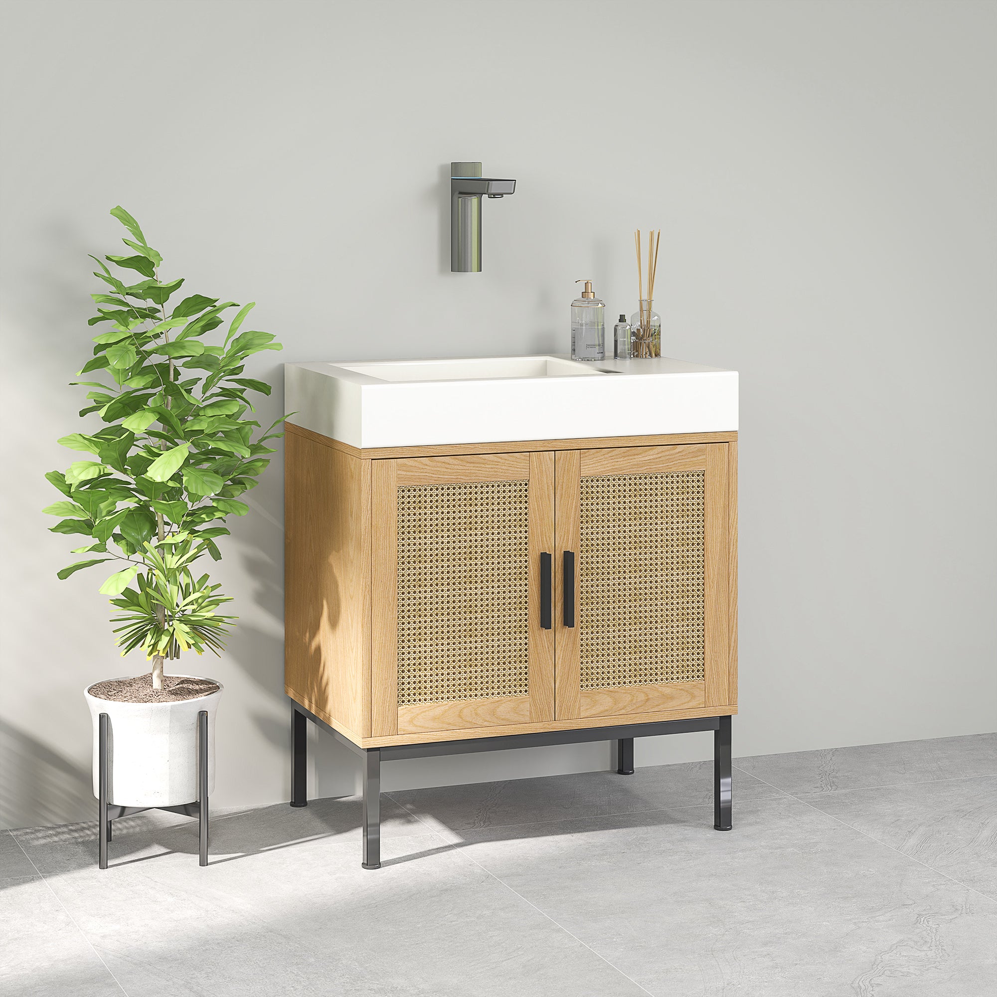 Bathroom Cabinet Vanity Cabinet with Rattan Look, Sink Vanity Cabinet with Tip Protection, Oak, 60 x 39 x 60 cm