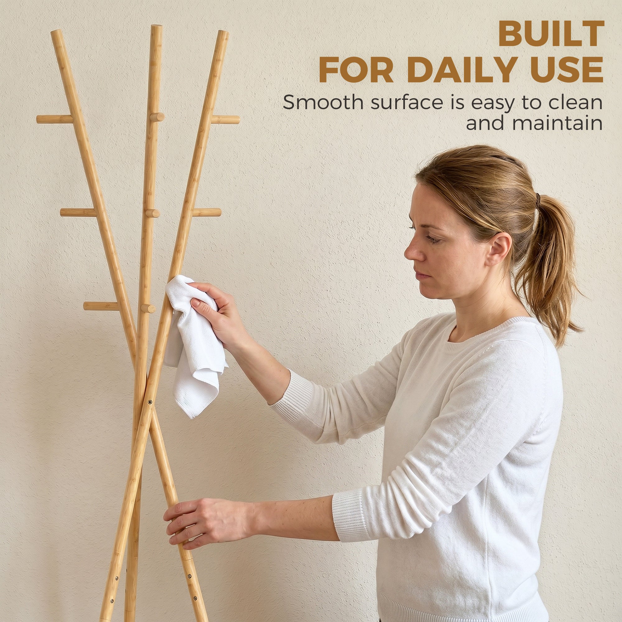 Modern Freestanding Coat Rack with 2 Shelves & 9 Hooks, Natural Bamboo