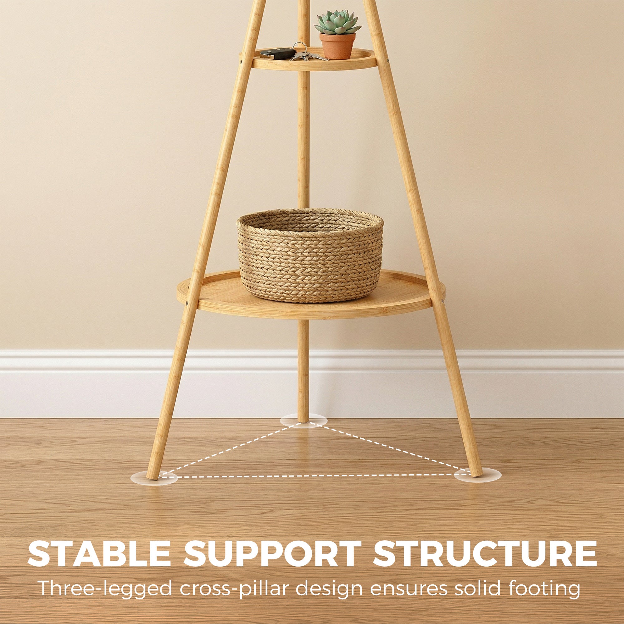 Modern Freestanding Coat Rack with 2 Shelves & 9 Hooks, Natural Bamboo