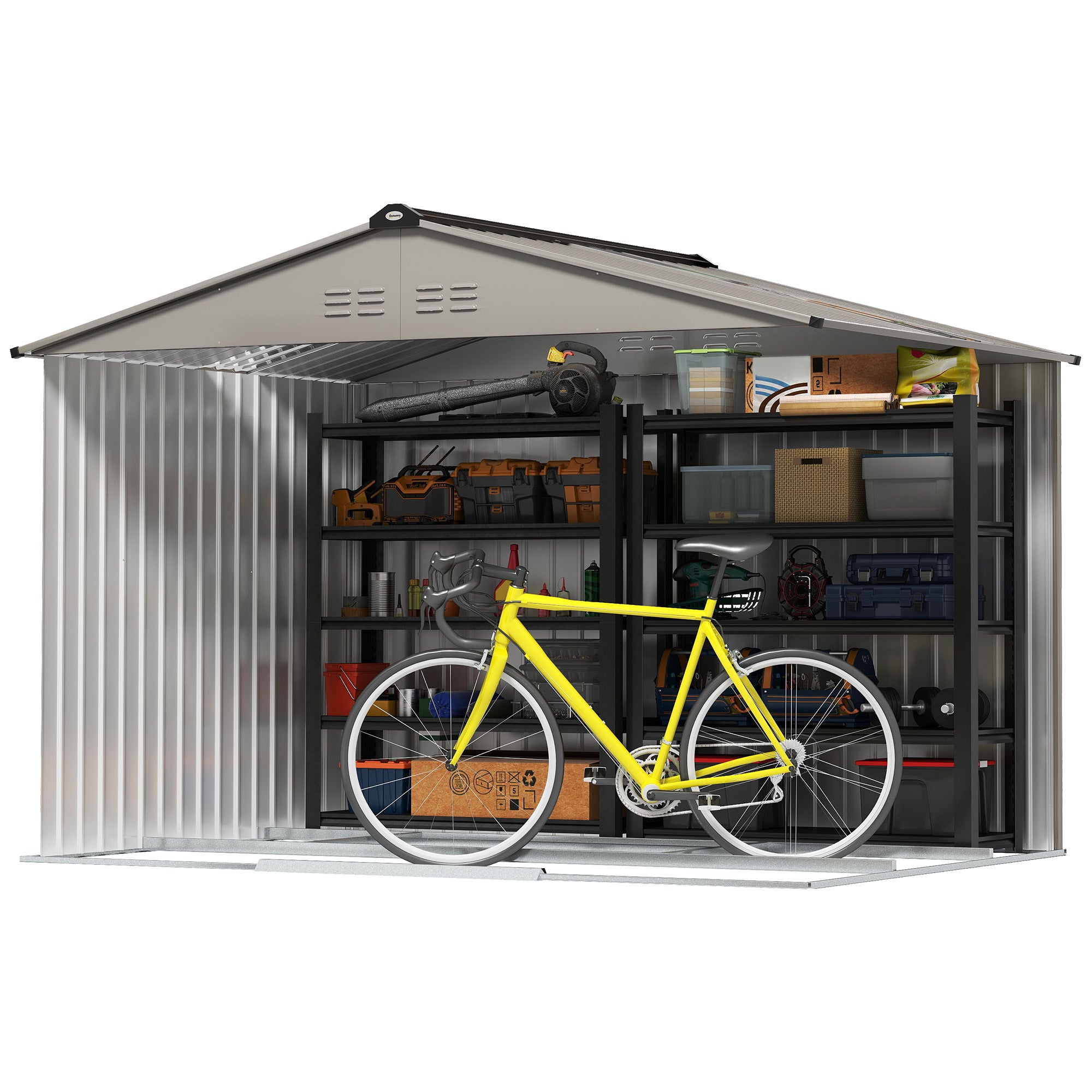 Garden Shed Exterior 4.9 m² 277x195x192 cm Outdoor Garden Shed with Sliding Door Fiberglass Roof Reinforced Base (Floor NOT Included) and 4 Windows Gray Silver