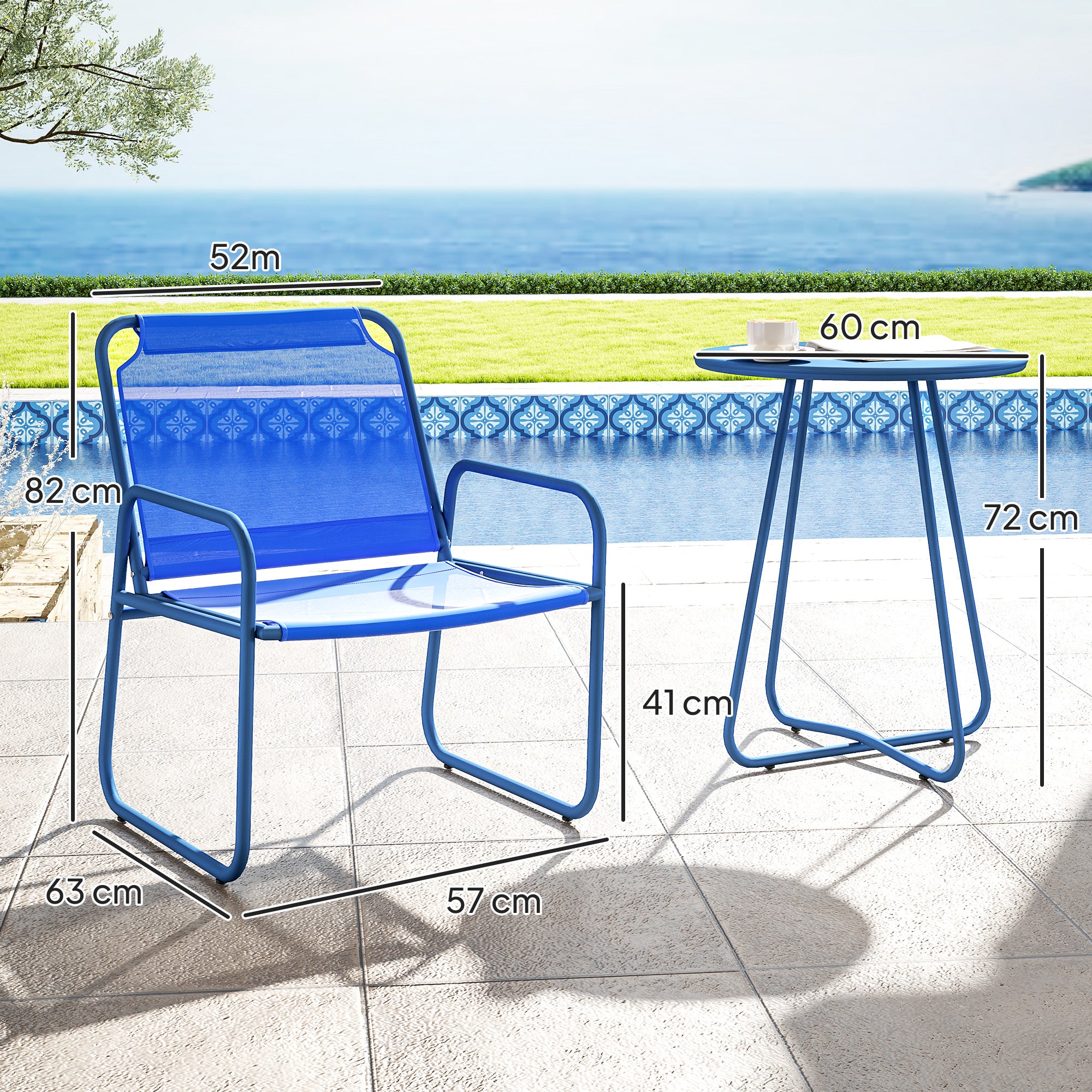 3-Piece Garden Set, Patio Furniture, 2 Chairs 1 Round Table, Steel and Breathable Fabric, Navy Blue