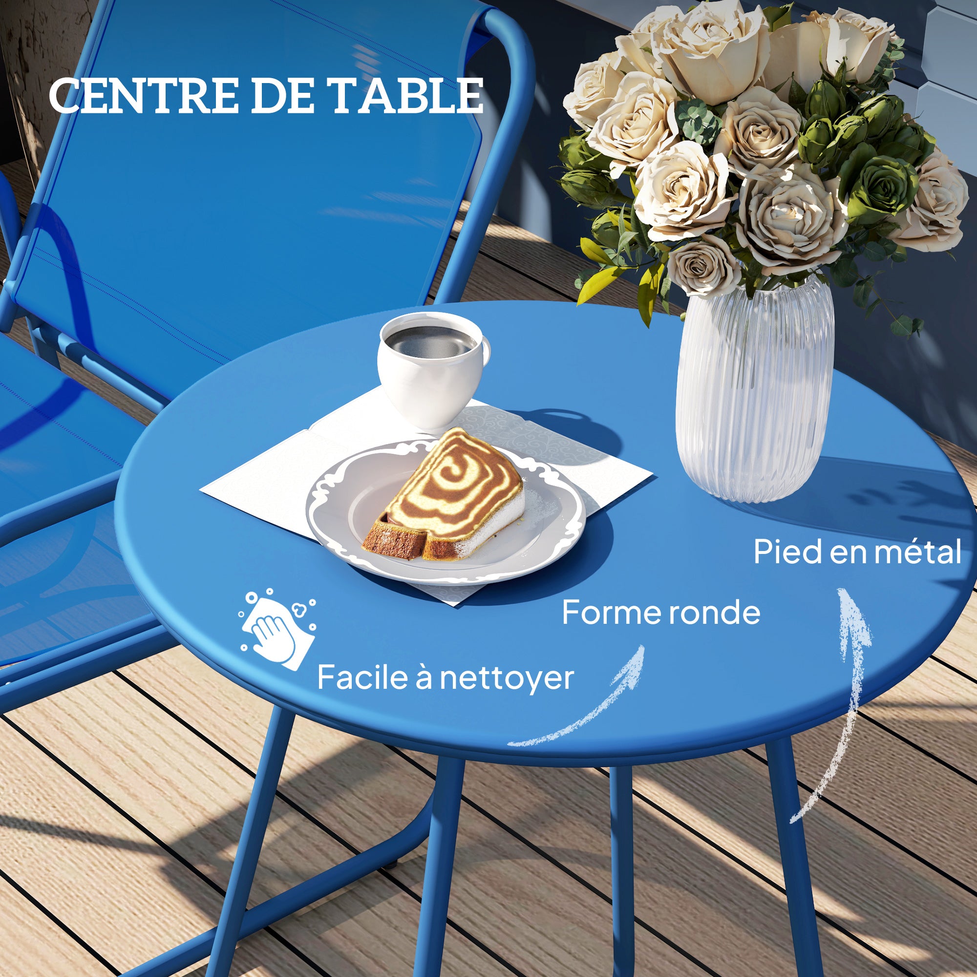 3-Piece Garden Set, Patio Furniture, 2 Chairs 1 Round Table, Steel and Breathable Fabric, Navy Blue