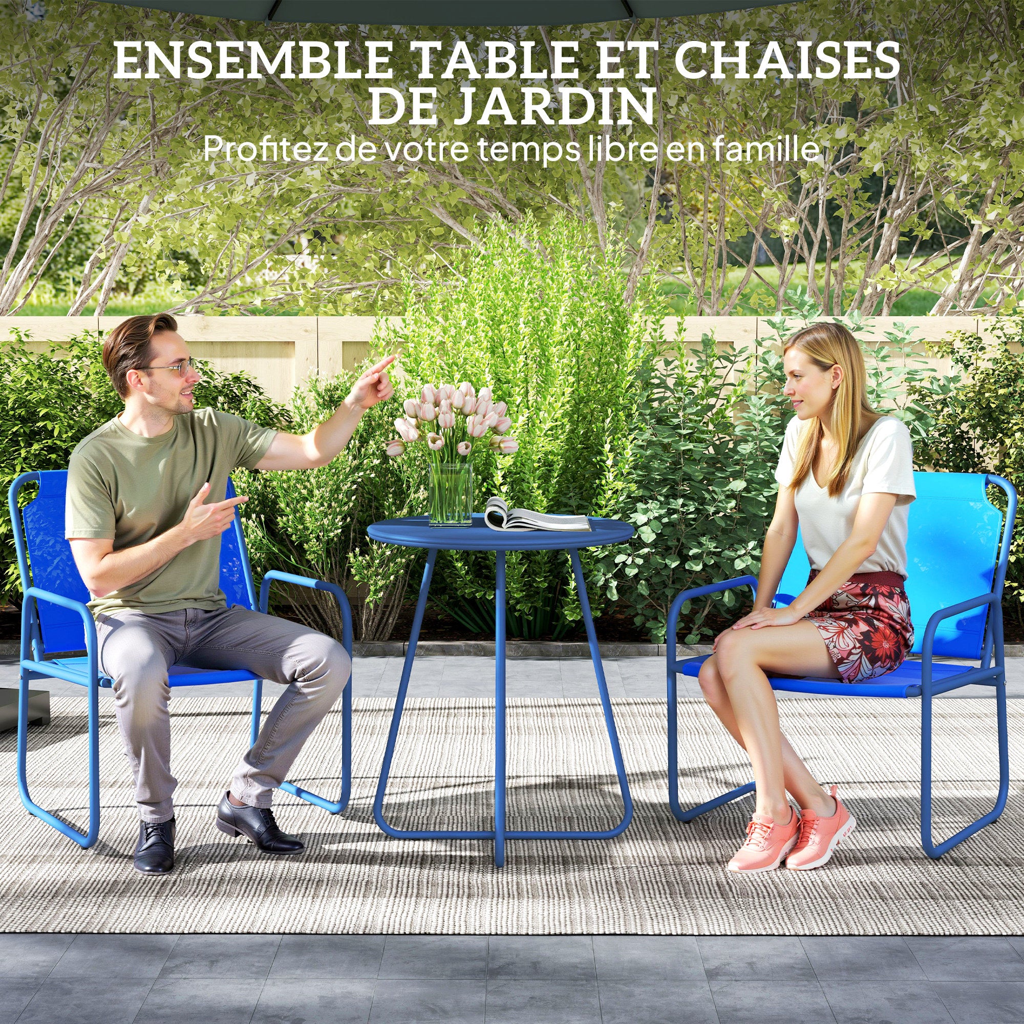 3-Piece Garden Set, Patio Furniture, 2 Chairs 1 Round Table, Steel and Breathable Fabric, Navy Blue