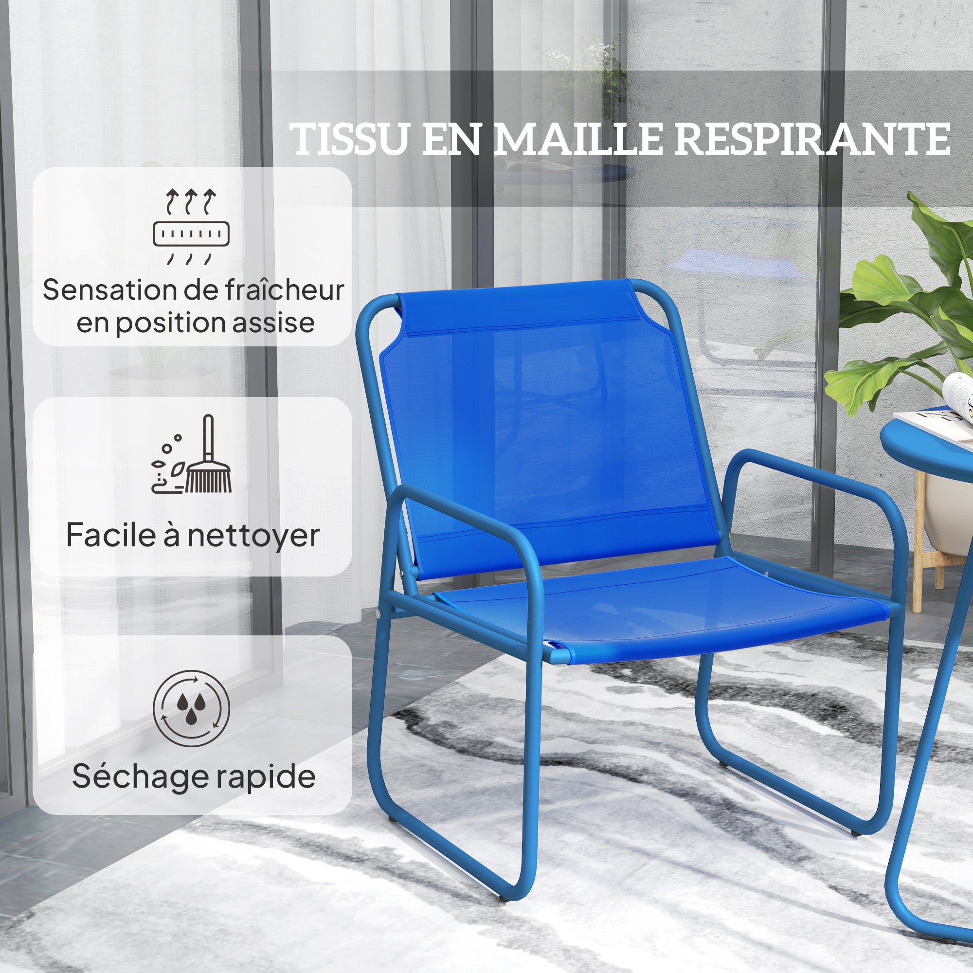 3-Piece Garden Set, Patio Furniture, 2 Chairs 1 Round Table, Steel and Breathable Fabric, Navy Blue