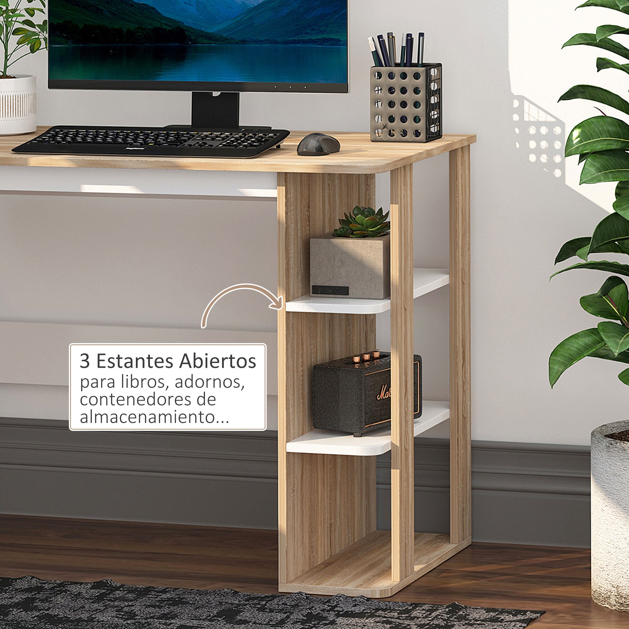2-in-1 Desk with 3-Level Shelf Large Surface Storage Space Office Desk Bedroom Study 100x55x74 cm Wood
