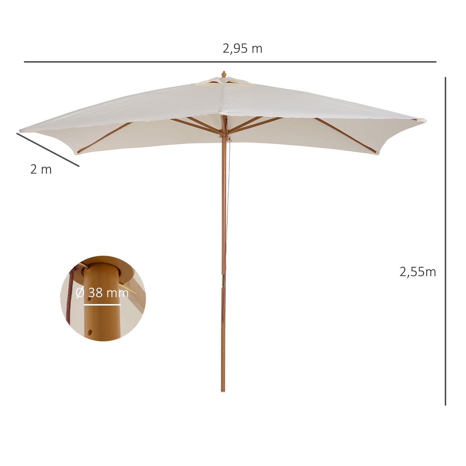 Garden Umbrella 295x200 cm with Wooden Post Bamboo Ribs and Pulley Rectangular Garden Parasol Waterproof for Patio or Terrace Classic Style Cream