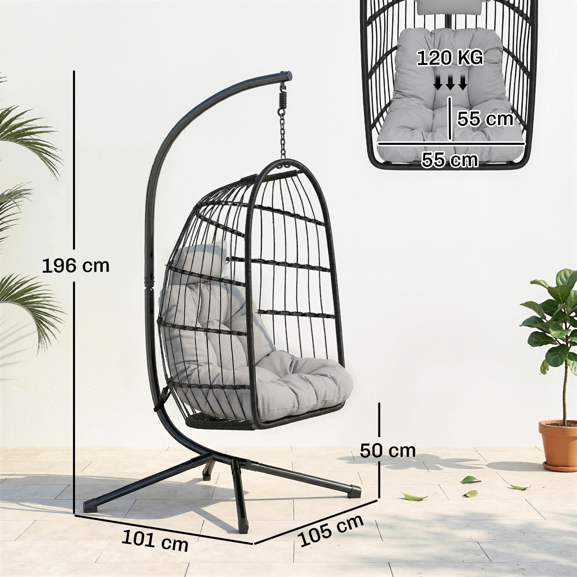 Hanging Egg Chair with Stand — Foldable PE Rattan Swing, Thick Cushion & Headrest, Adjustable Height, Light Gray