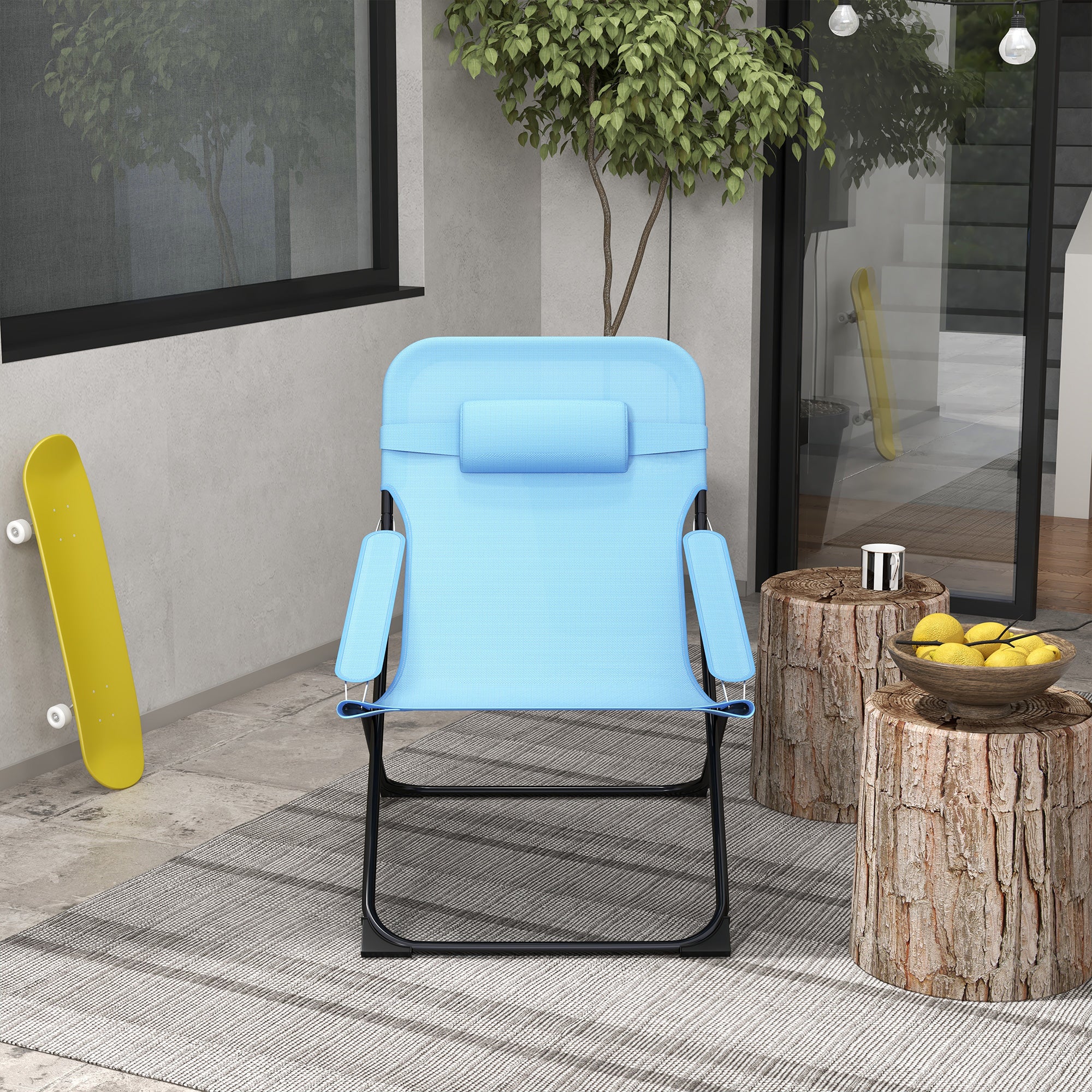 Folding Garden Chair with Adjustable Backrest Camping Chair with Headrest up to 120 kg Load for Garden Balcony Mesh Blue