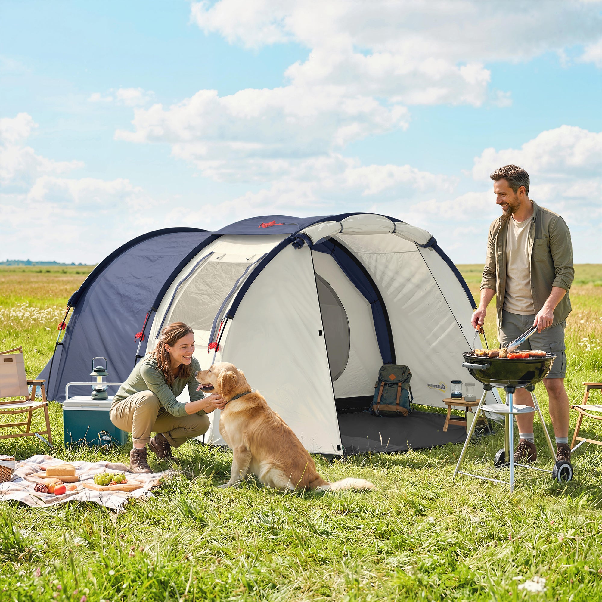 4-Person Tunnel Tent — Separate Living & Sleeping Areas, 3000mm Waterproof, Carry Bag — Navy & Cream