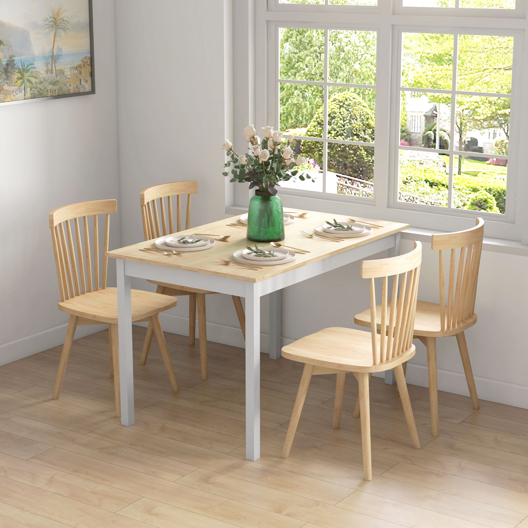 Dining Table, Kitchen Table, Solid Wood Structure, 4 Persons, Dining Table, Vintage Design, 120cm, Natural and White