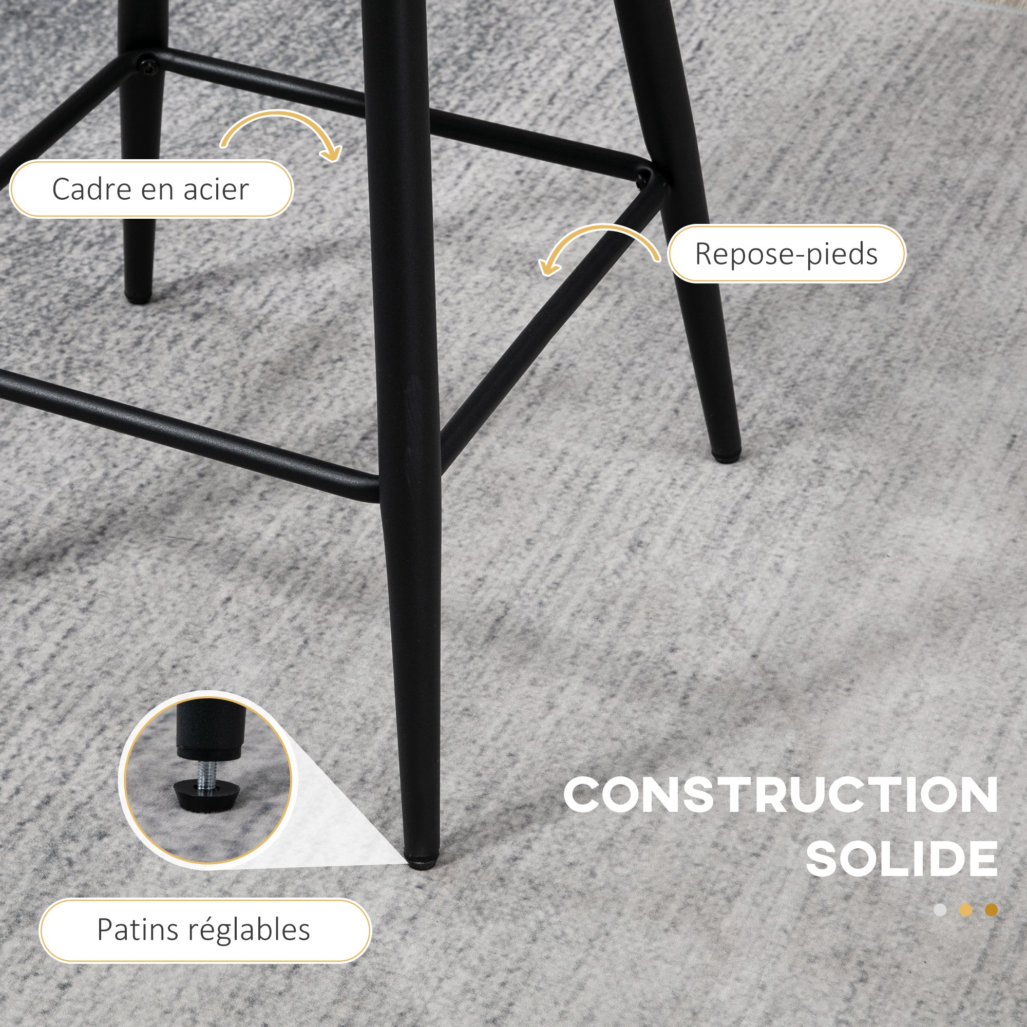 Bar Stools, Set of 2, High Chairs, looped wool effect fabric, steel frame, height 65 cm, with backrest and footrest, easy assembly, high kitchen seat, cream black