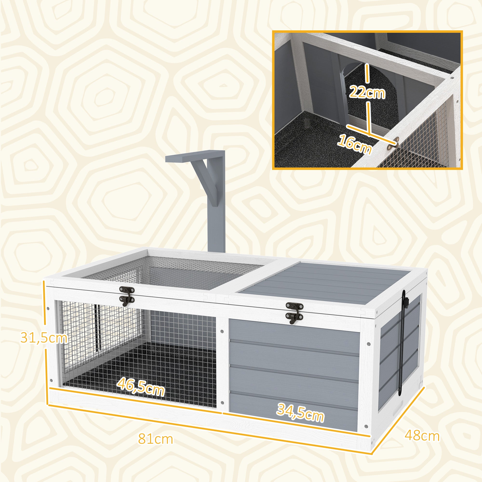 Turtle Enclosure, outdoor wooden land turtle house with lamp stand, 2 sliding trays, cage for land turtles, rabbits, and small animals - dimensions 81 x 48 x 31.5 cm, light gray