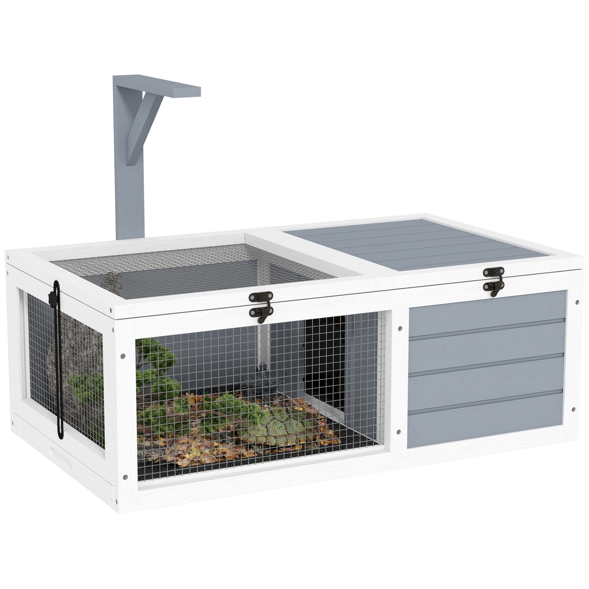 Turtle Enclosure, outdoor wooden land turtle house with lamp stand, 2 sliding trays, cage for land turtles, rabbits, and small animals - dimensions 81 x 48 x 31.5 cm, light gray
