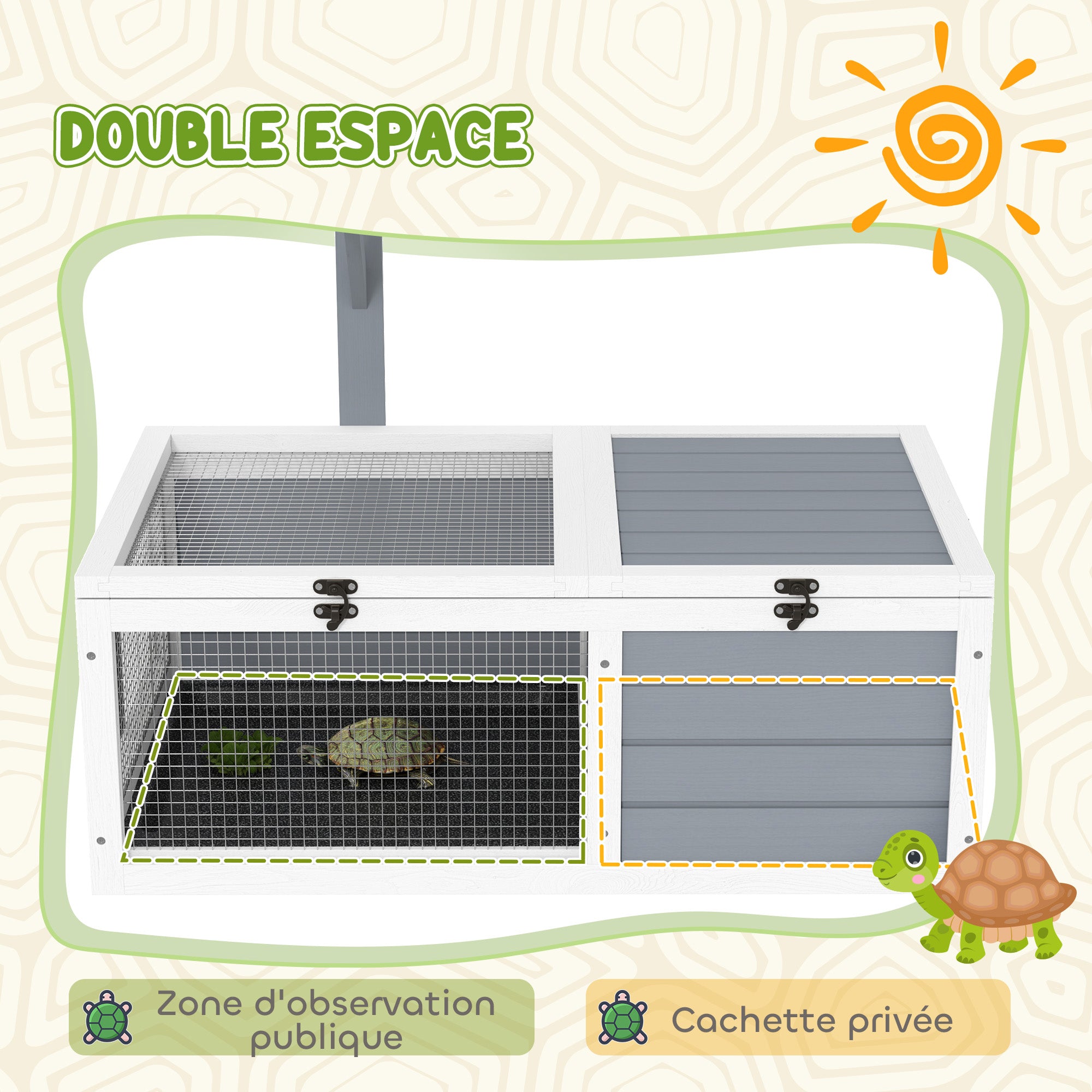 Turtle Enclosure, outdoor wooden land turtle house with lamp stand, 2 sliding trays, cage for land turtles, rabbits, and small animals - dimensions 81 x 48 x 31.5 cm, light gray