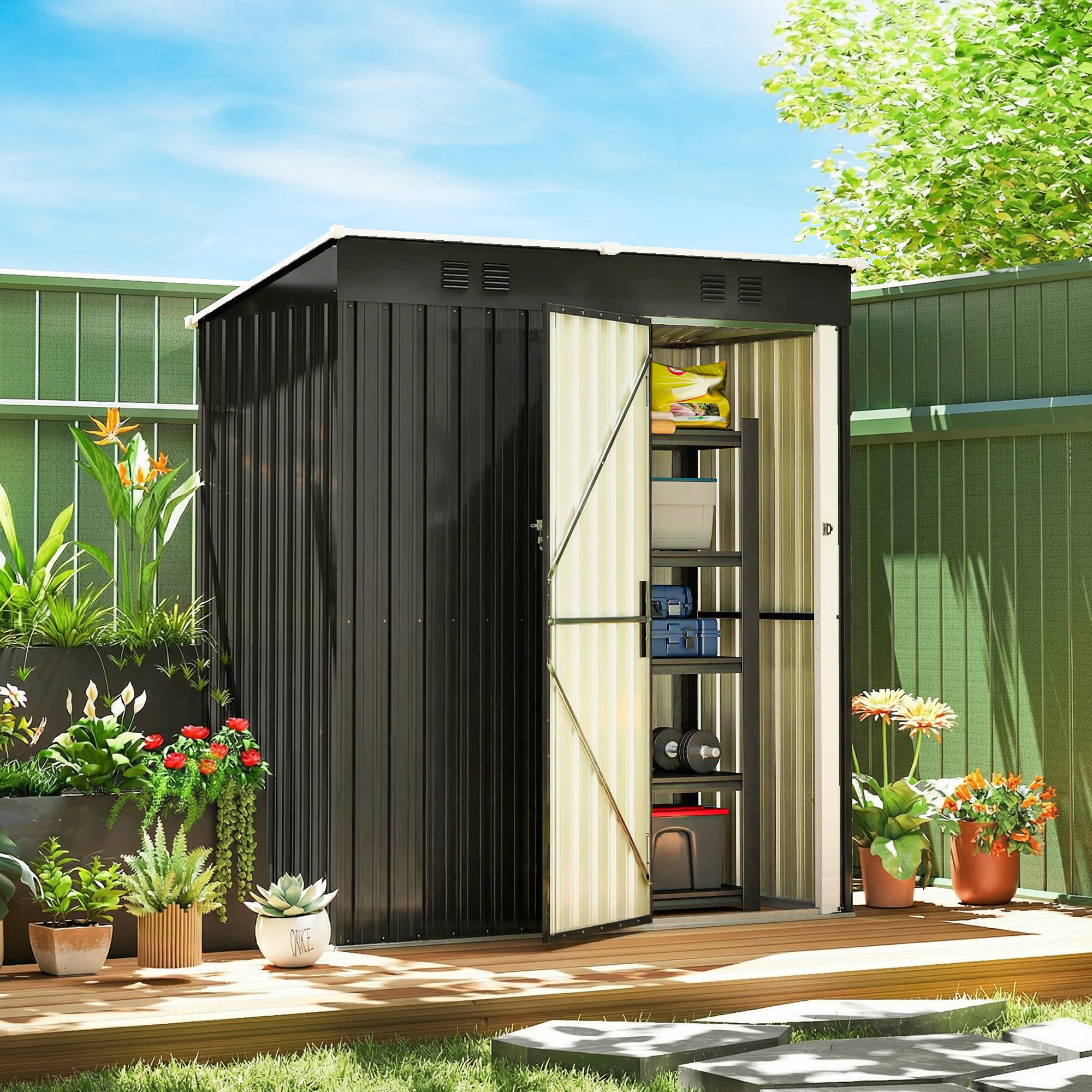 Outdoor Metal Garden Shed 1.37 m², 163 x 90 x 179 cm (64.2 in x 35.4 in x 70.5 in) – Lockable Door, Ventilation Slots, Tool Storage, Dark Gray