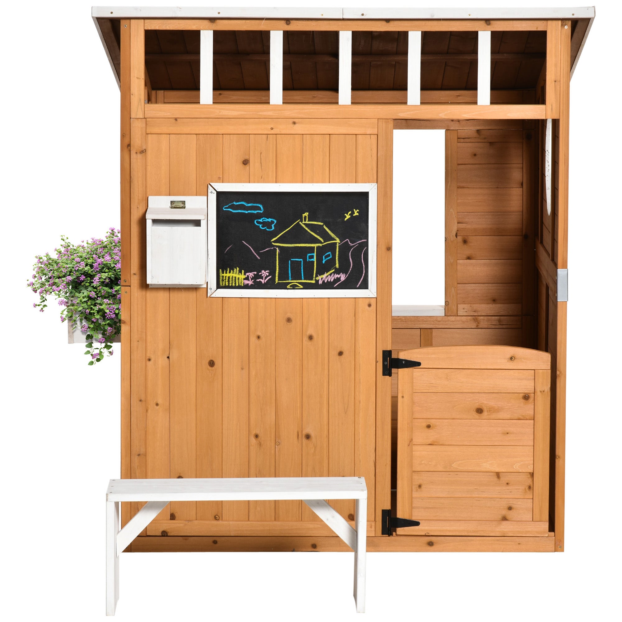 Kids Playhouse Wooden Children's Playhouse with Window Mailbox Outdoor Garden Playhouse with Flower Pot Rack Wooden Playhouse for 3-8 Years Pine Wood Natural 122 x 108 x 135.5 cm