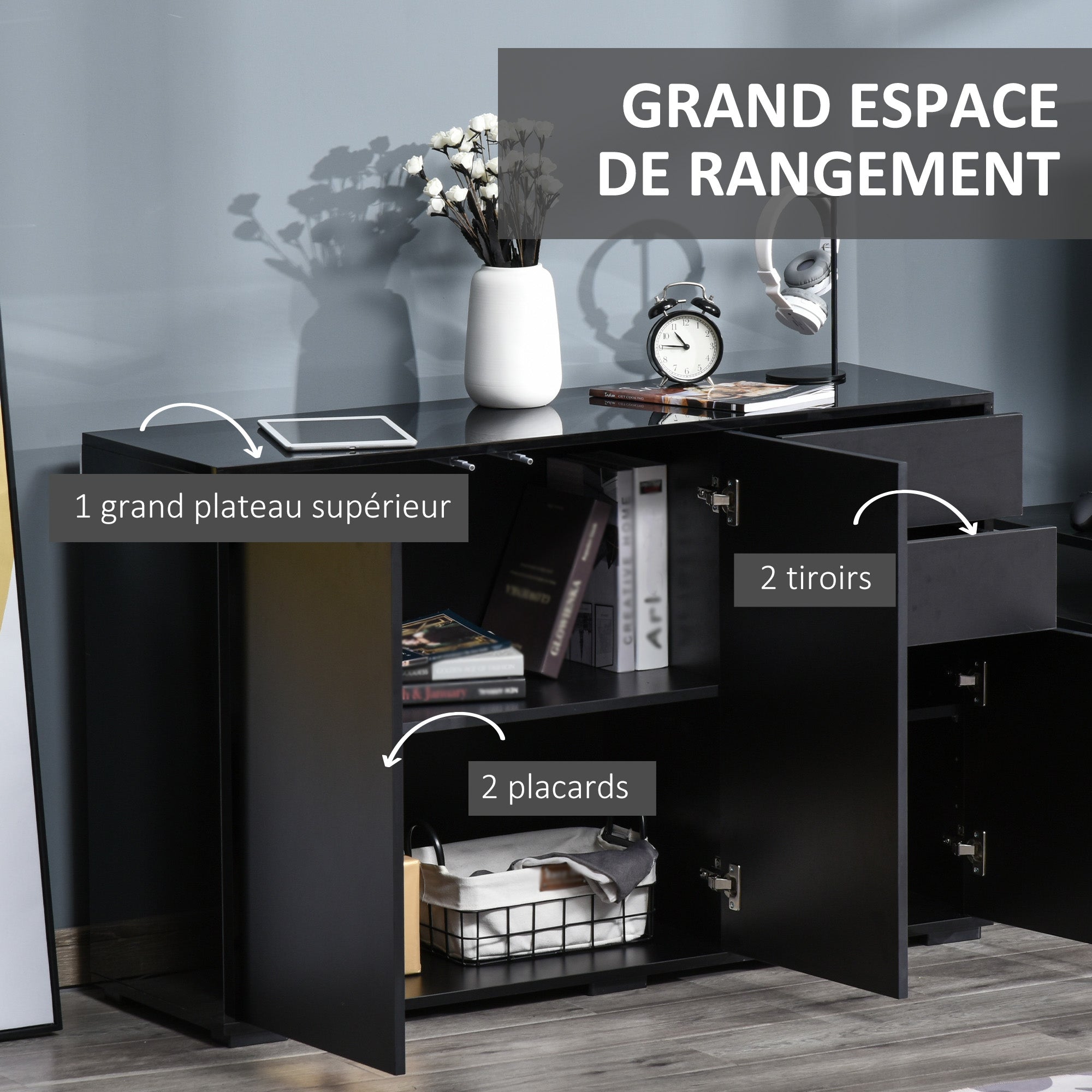 Buffet Sideboard Storage Cabinet with 2 Drawers, 3 Doors, Adjustable Shelf, Particle Board, 117 x 36 x 74 cm Black