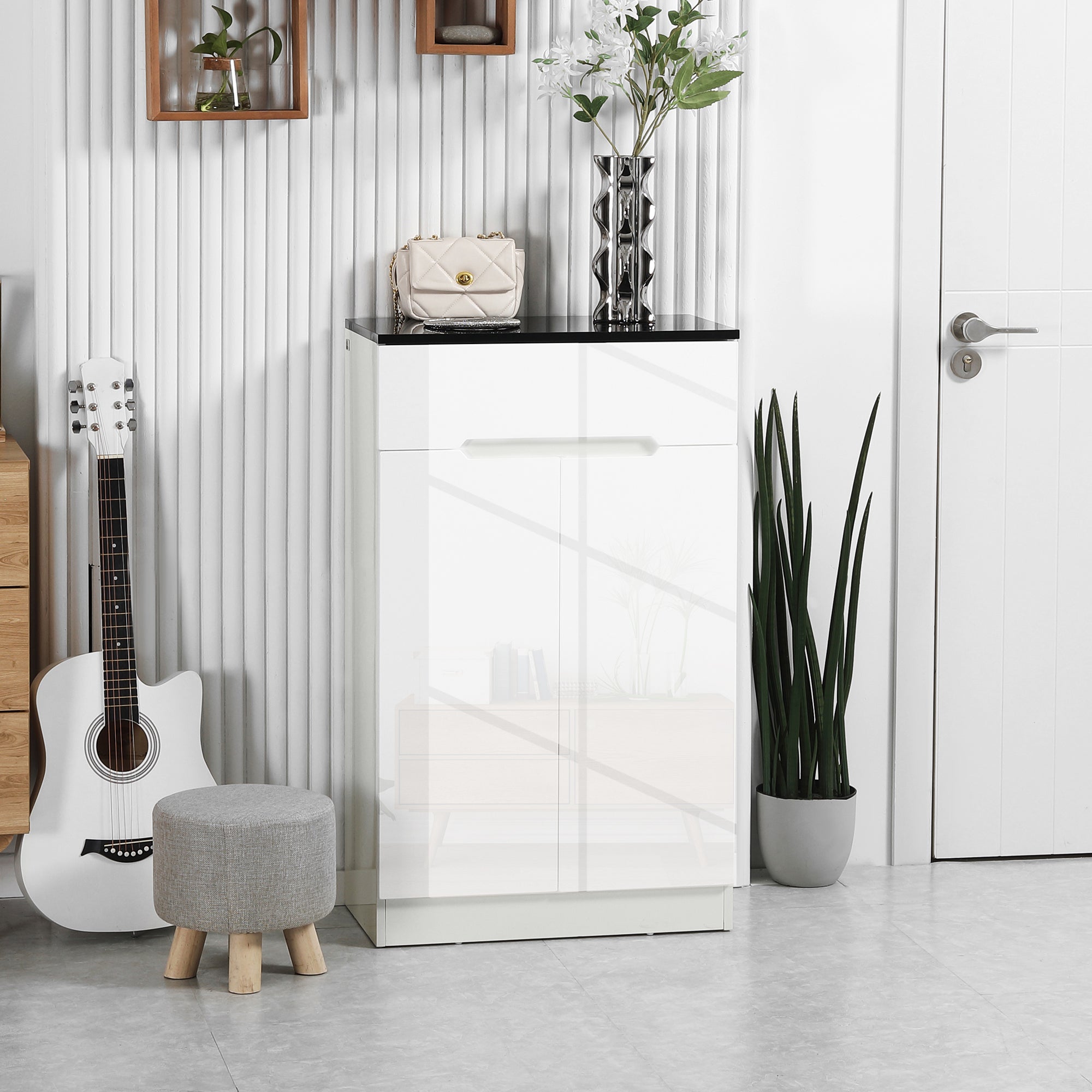 Slim Shoe Cabinet for up to 12 Pairs of Shoes for Entryways and Hallways with 3 Adjustable Shelves and Drawer, in Glossy White Chipboard, 60x32x100 cm