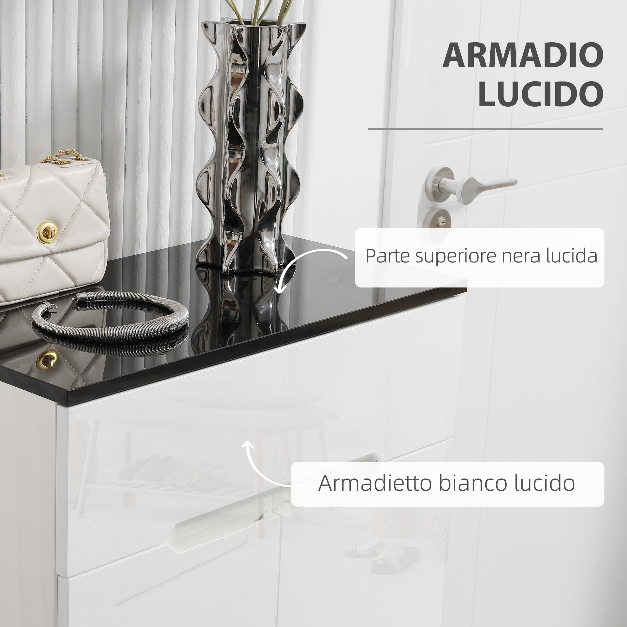 Slim Shoe Cabinet for up to 12 Pairs of Shoes for Entryways and Hallways with 3 Adjustable Shelves and Drawer, in Glossy White Chipboard, 60x32x100 cm