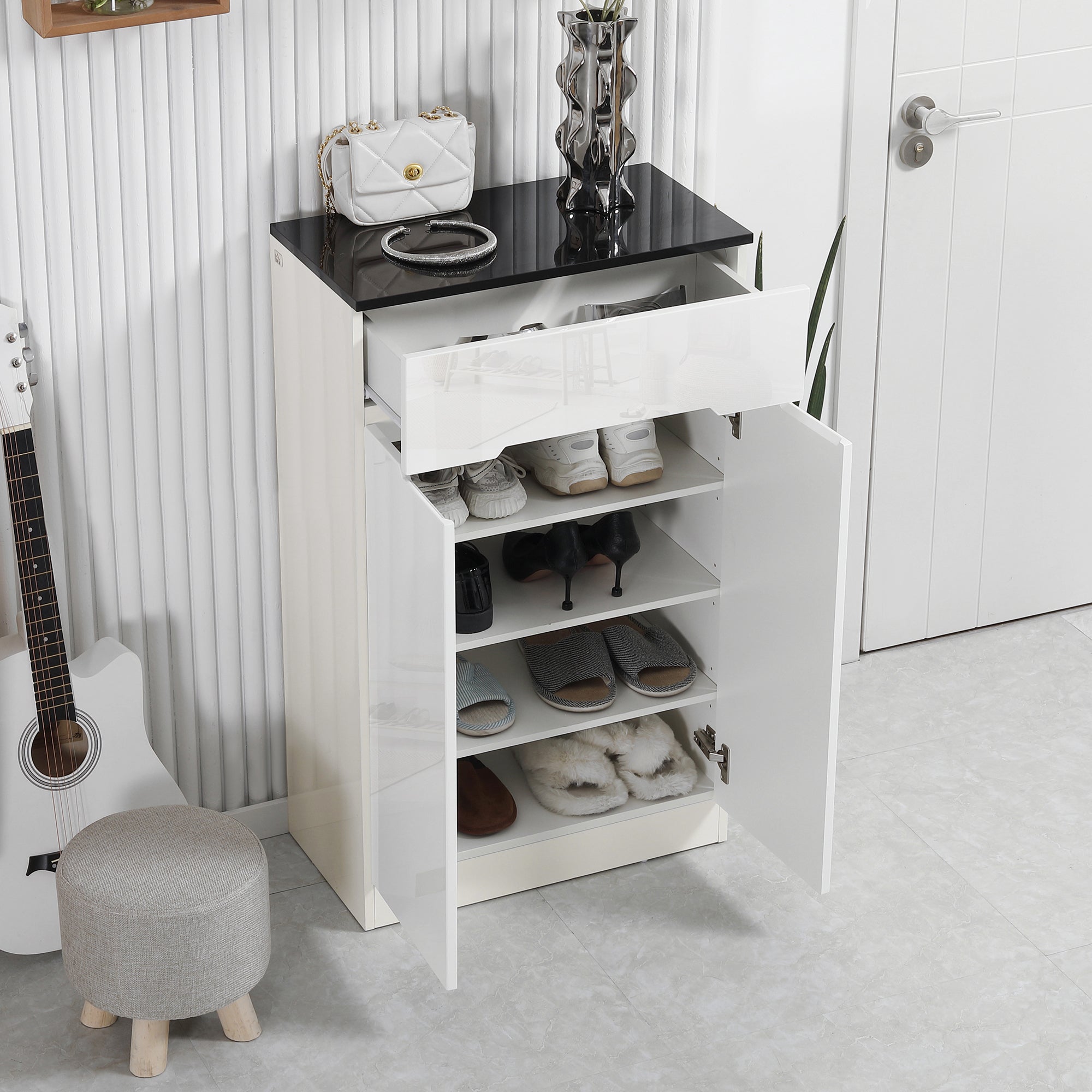 Slim Shoe Cabinet for up to 12 Pairs of Shoes for Entryways and Hallways with 3 Adjustable Shelves and Drawer, in Glossy White Chipboard, 60x32x100 cm