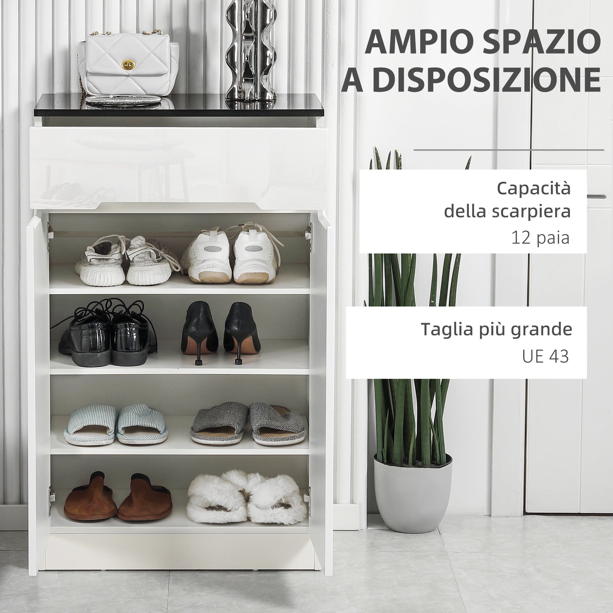 Slim Shoe Cabinet for up to 12 Pairs of Shoes for Entryways and Hallways with 3 Adjustable Shelves and Drawer, in Glossy White Chipboard, 60x32x100 cm
