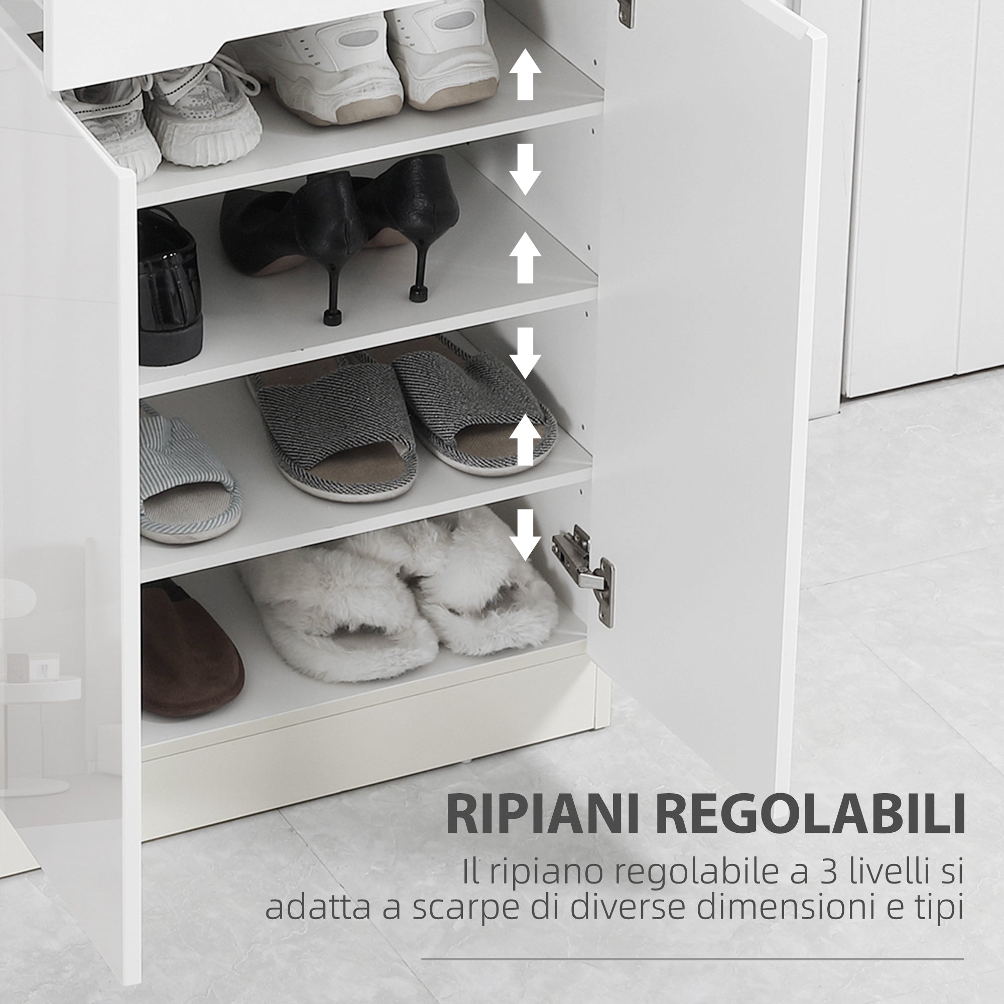 Slim Shoe Cabinet for up to 12 Pairs of Shoes for Entryways and Hallways with 3 Adjustable Shelves and Drawer, in Glossy White Chipboard, 60x32x100 cm