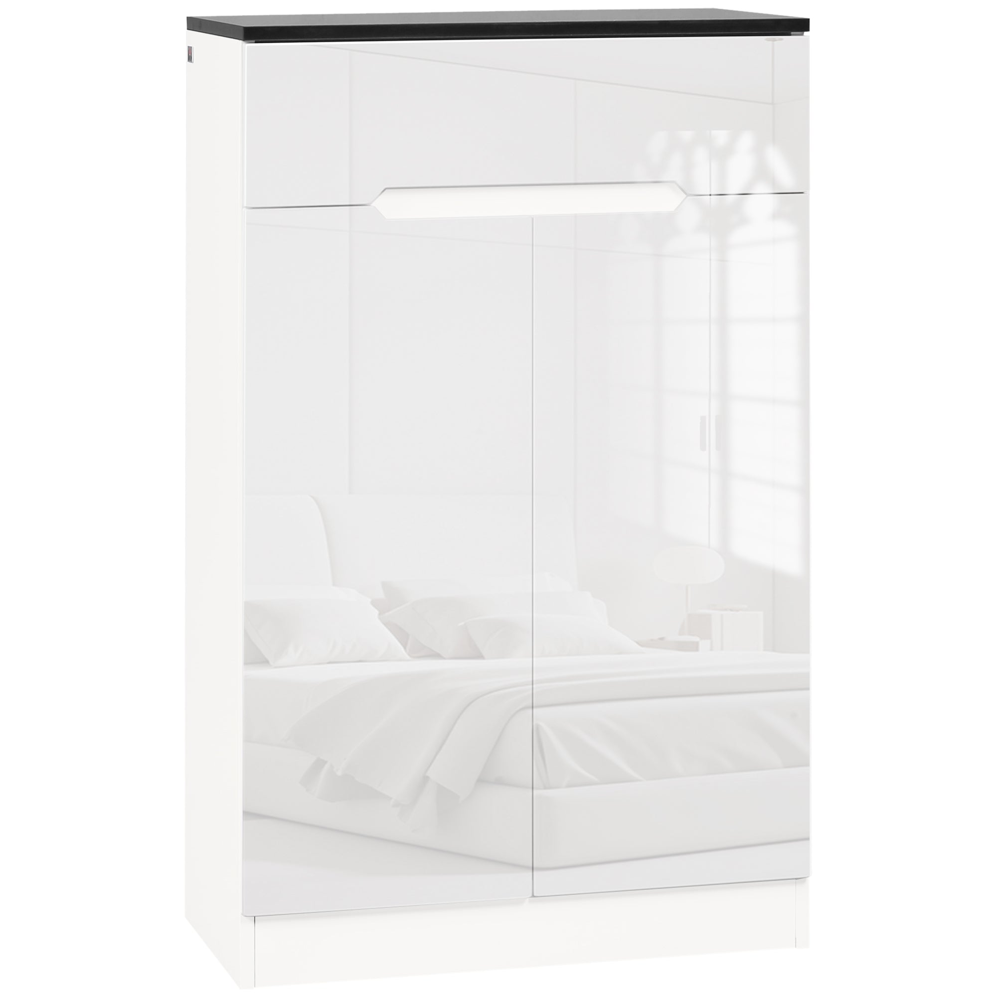 Slim Shoe Cabinet for up to 12 Pairs of Shoes for Entryways and Hallways with 3 Adjustable Shelves and Drawer, in Glossy White Chipboard, 60x32x100 cm