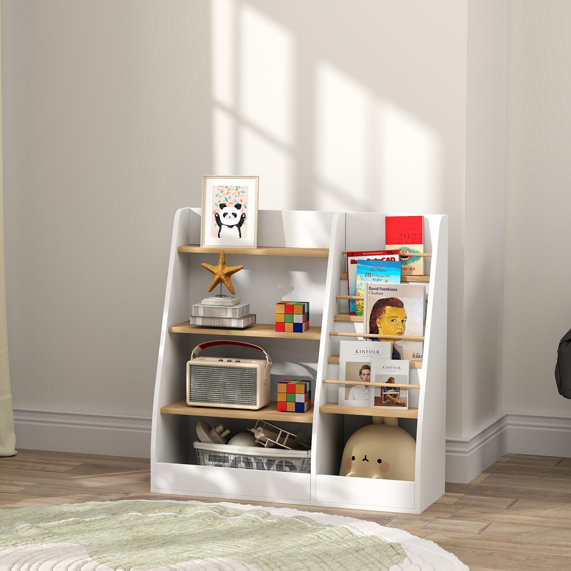 Children's Bookshelf, Kids Book Storage 4 Levels, Book Stand, Storage Grid, Toy Storage Cabinet, Children's Room and Playroom Shelf, White