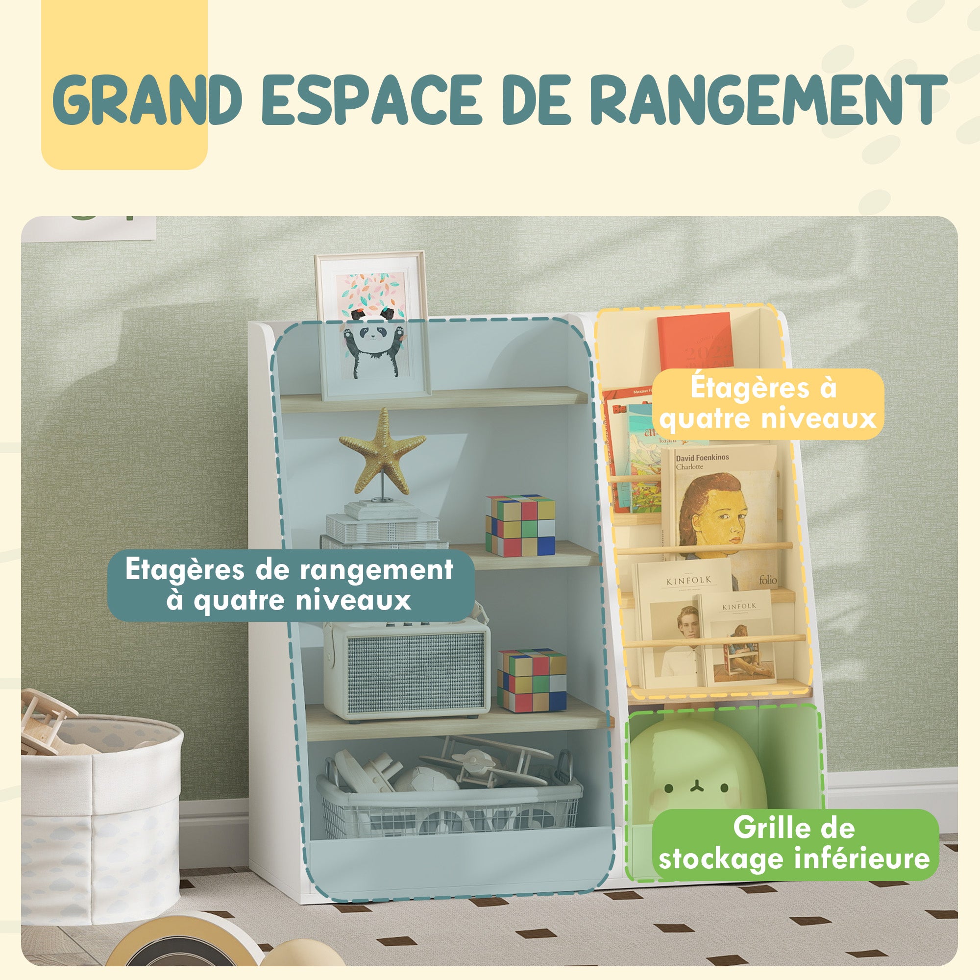 Children's Bookshelf, Kids Book Storage 4 Levels, Book Stand, Storage Grid, Toy Storage Cabinet, Children's Room and Playroom Shelf, White