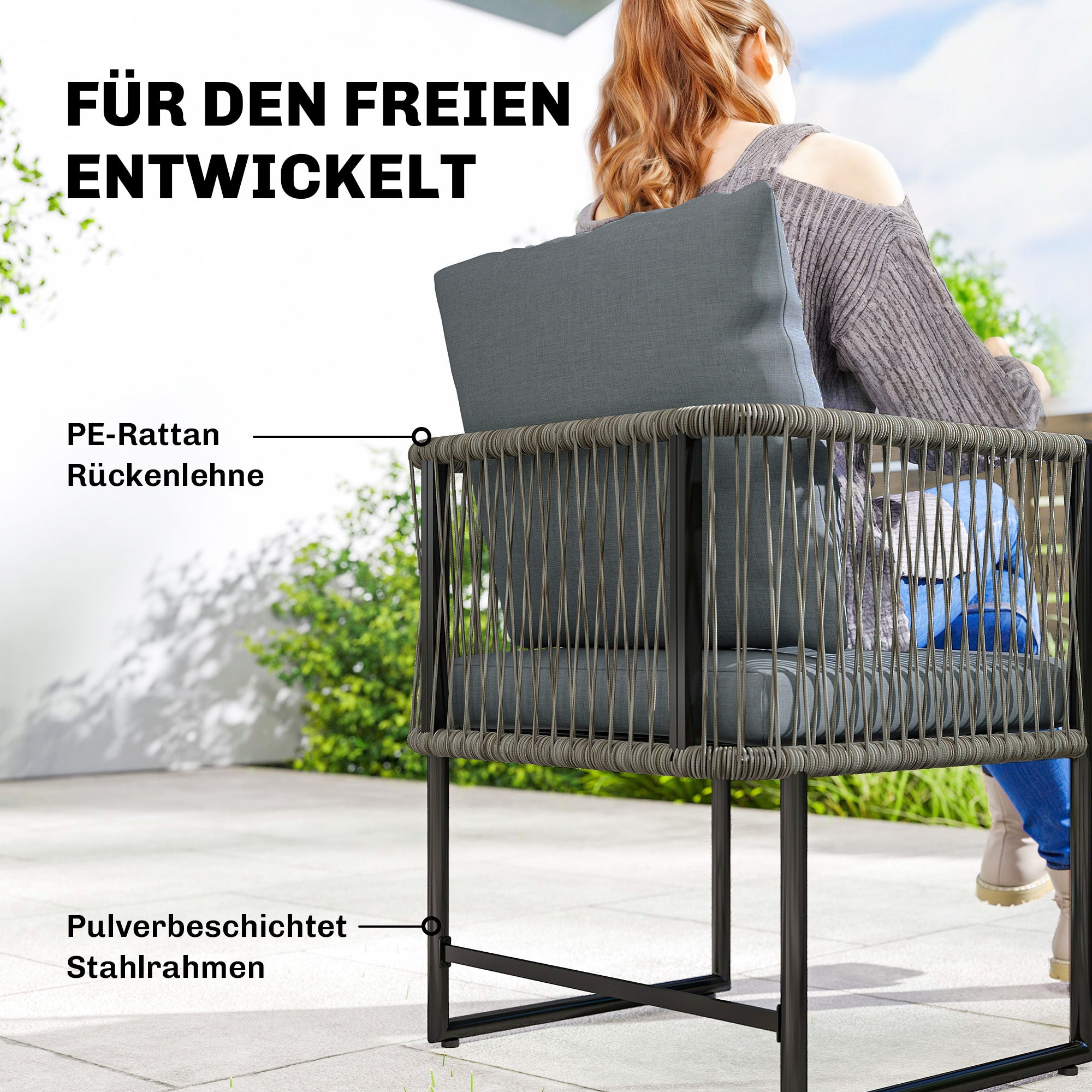 2-Pack Weatherproof Garden Chairs — Steel Frame PE Rattan Patio Chairs with Cushions, Armrests & Backrests, Up to 265 lb Capacity, Dark Gray