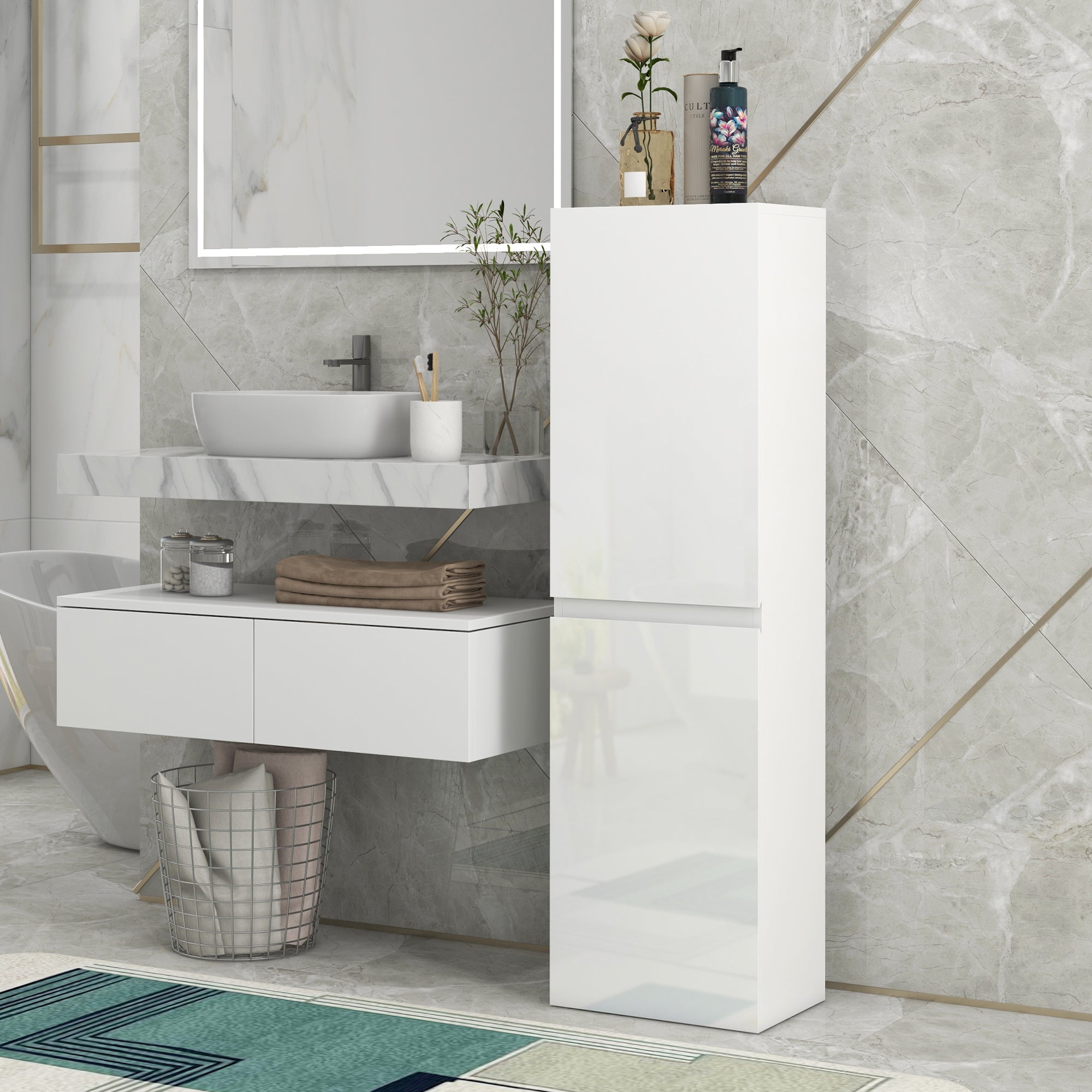 Bathroom Tall Cabinet, High Gloss Finish Storage Cabinet, Adjustable Shelves, 2 Cupboards, Bathroom Storage Shelf, 35 x 25 x 120 cm, White Gloss