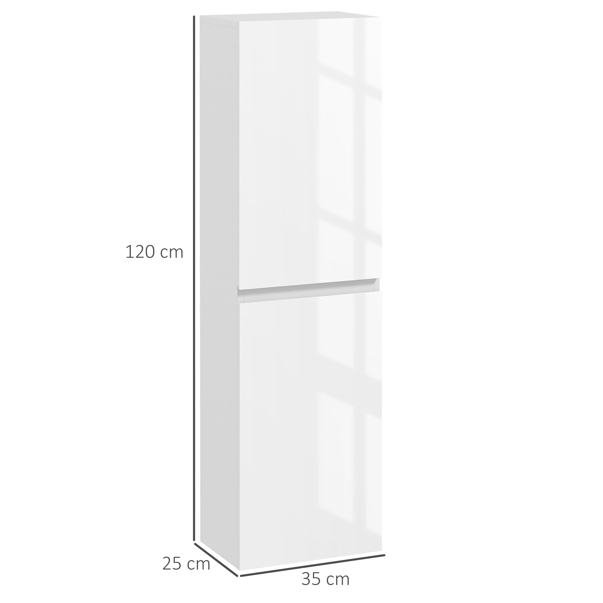 Bathroom Tall Cabinet, High Gloss Finish Storage Cabinet, Adjustable Shelves, 2 Cupboards, Bathroom Storage Shelf, 35 x 25 x 120 cm, White Gloss