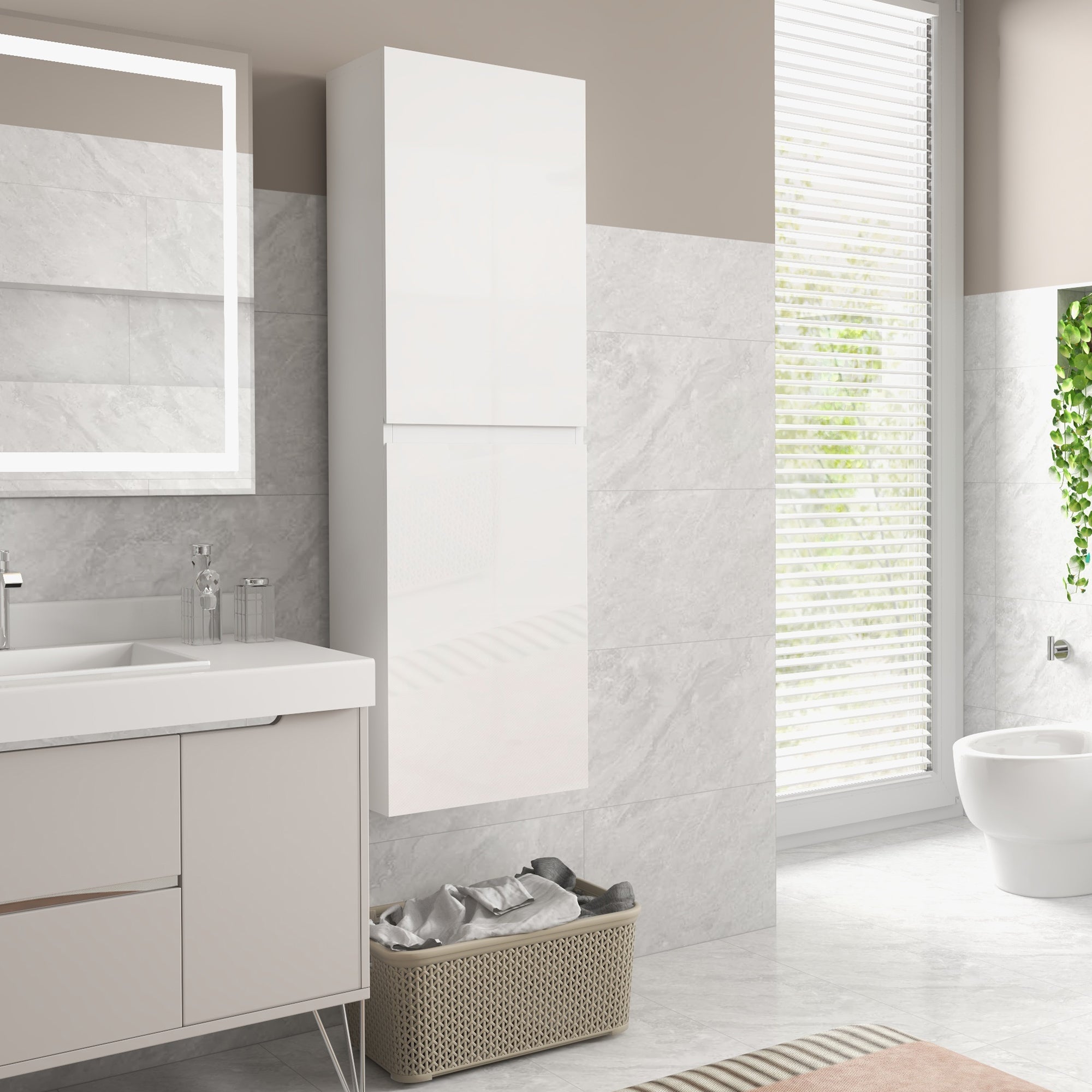 Bathroom Tall Cabinet, High Gloss Finish Storage Cabinet, Adjustable Shelves, 2 Cupboards, Bathroom Storage Shelf, 35 x 25 x 120 cm, White Gloss