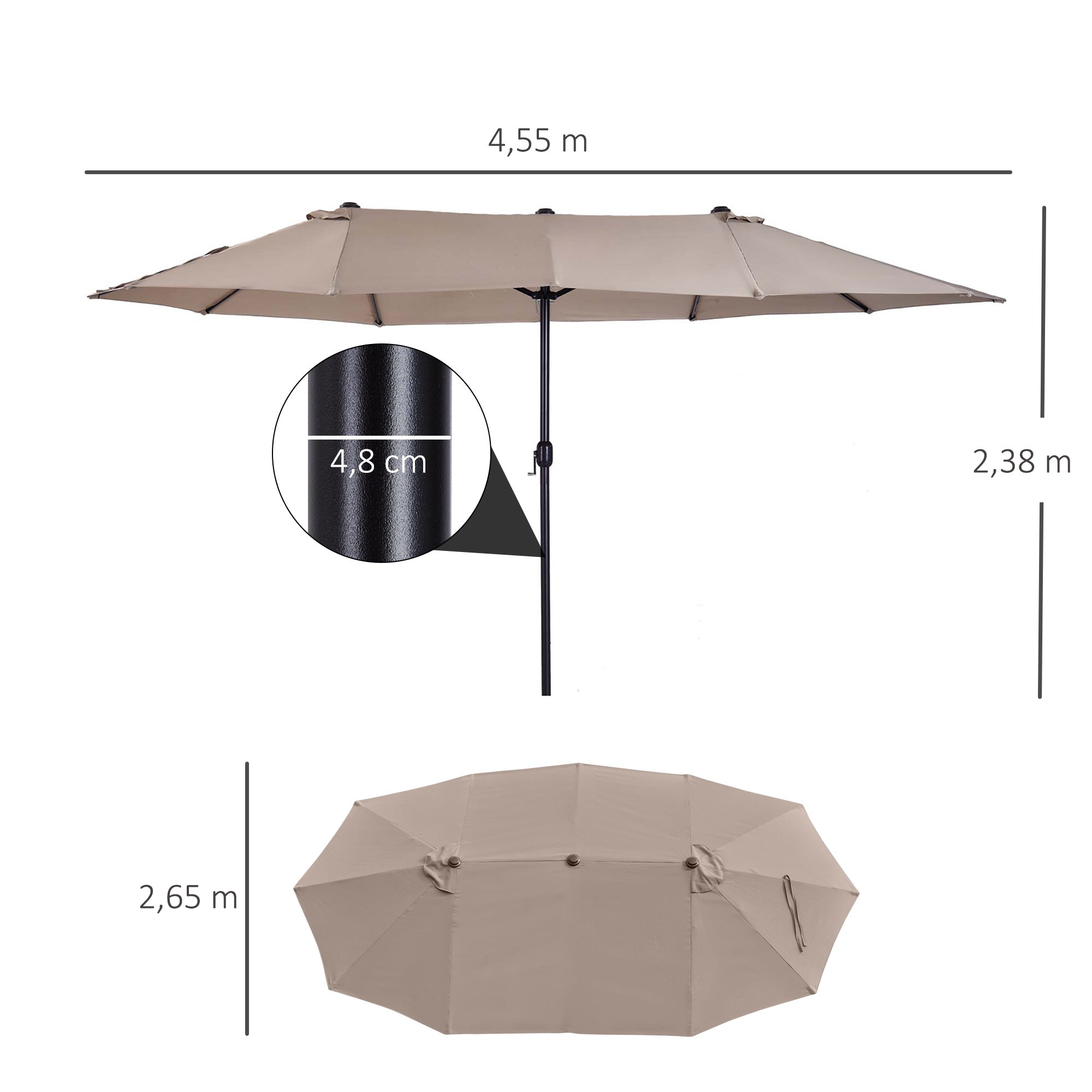 Double Sun Umbrella 455 x 265 cm, UV Protection Parasol with Crank, Balcony Beach Umbrella Windproof Crank Umbrella Sun Protection for Beach Balcony Garden, Light Coffee
