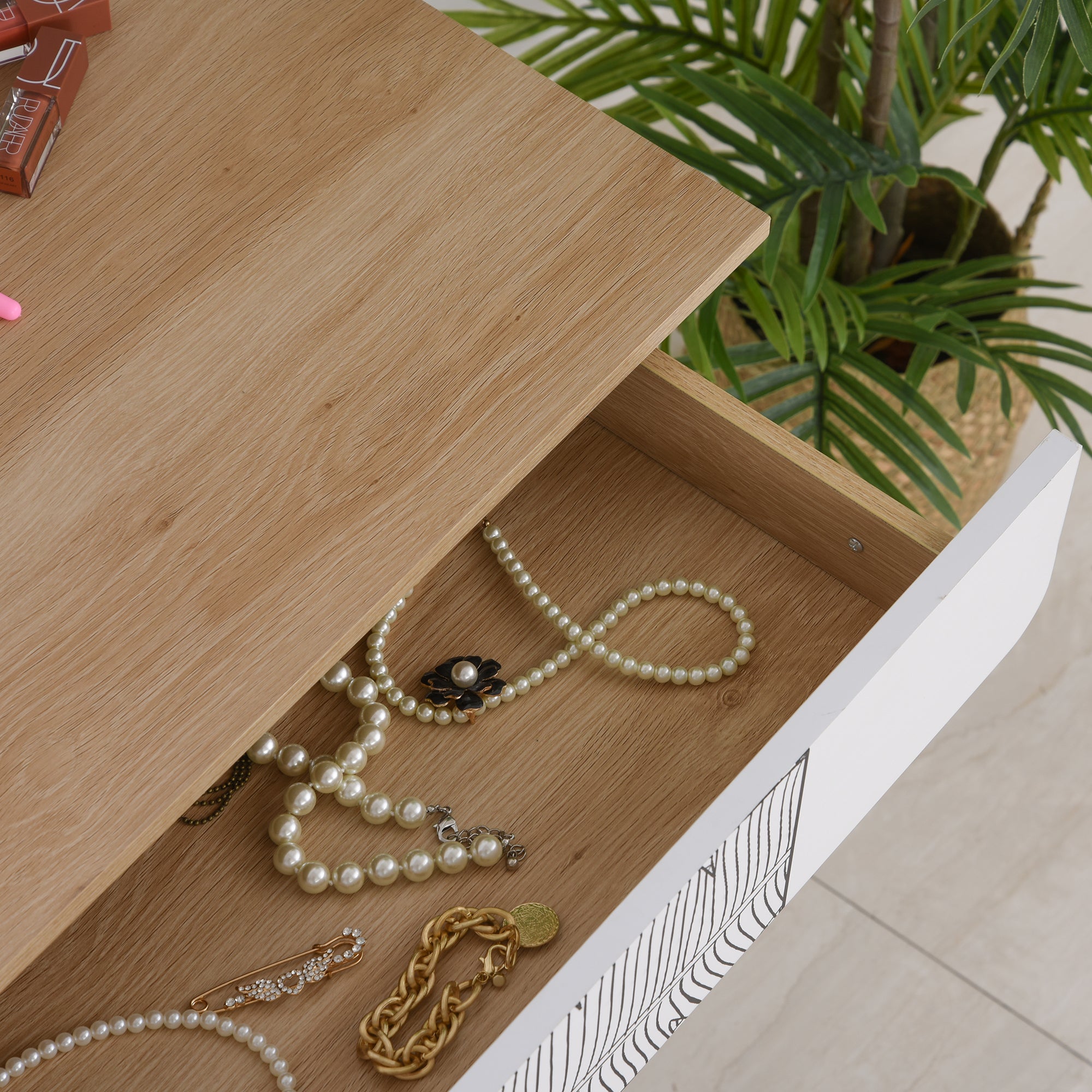 Makeup Vanity Table with Circular Mirror Ф39cm, Makeup Console with Drawer with Jungle Decoration, White and Oak, 70x39x119-128cm