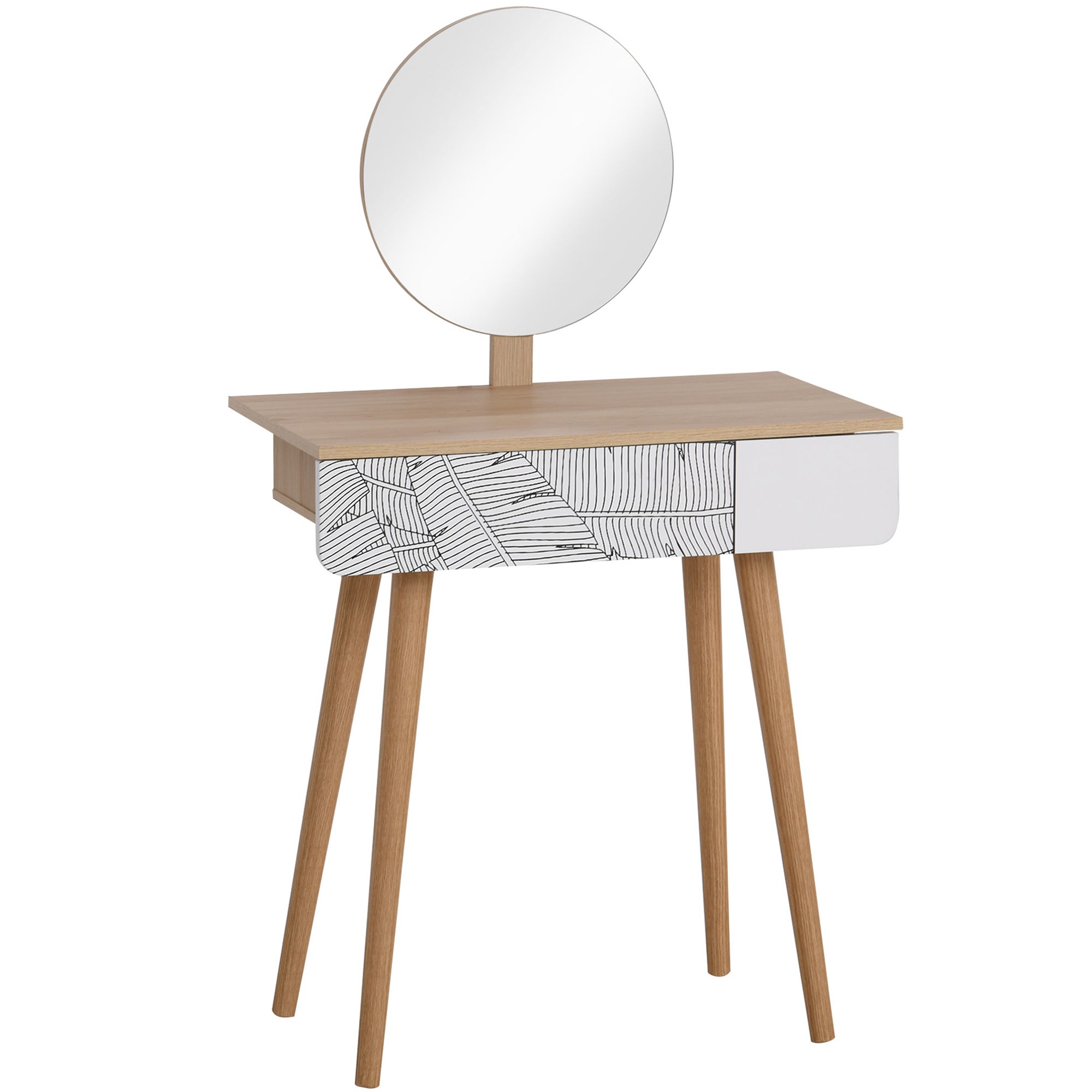 Makeup Vanity Table with Circular Mirror Ф39cm, Makeup Console with Drawer with Jungle Decoration, White and Oak, 70x39x119-128cm