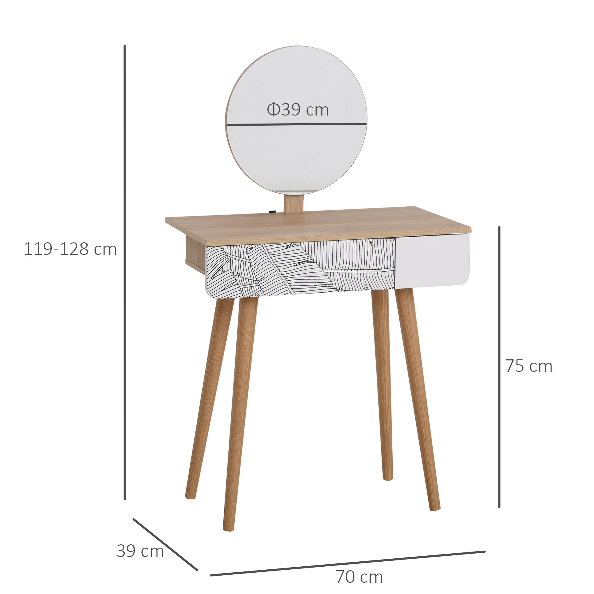 Makeup Vanity Table with Circular Mirror Ф39cm, Makeup Console with Drawer with Jungle Decoration, White and Oak, 70x39x119-128cm