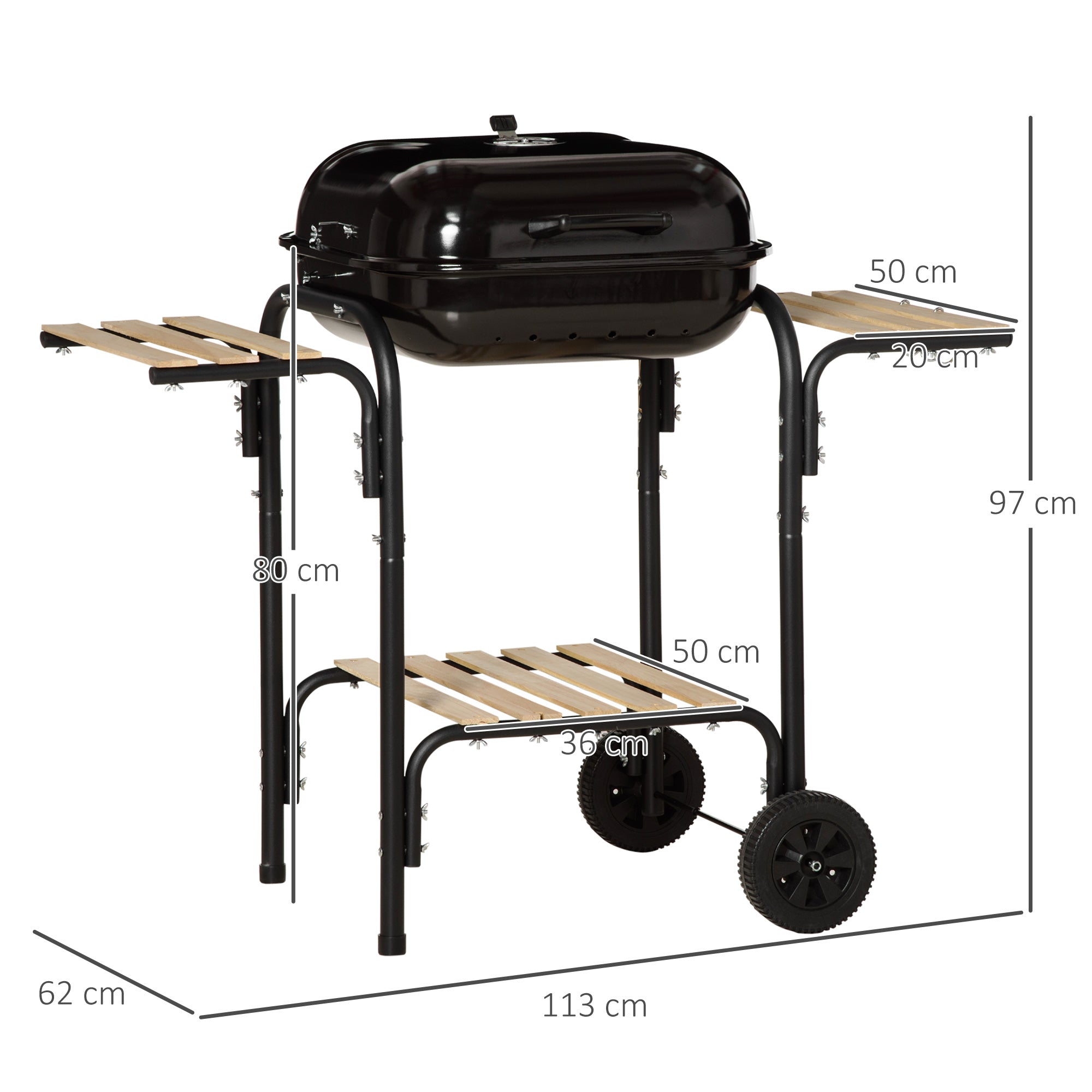 Charcoal BBQ with Shelves and Wheels, Wood BBQ with Lid and Air Vent, BBQ with Spatula, Tongs, Knife and Grill, Black