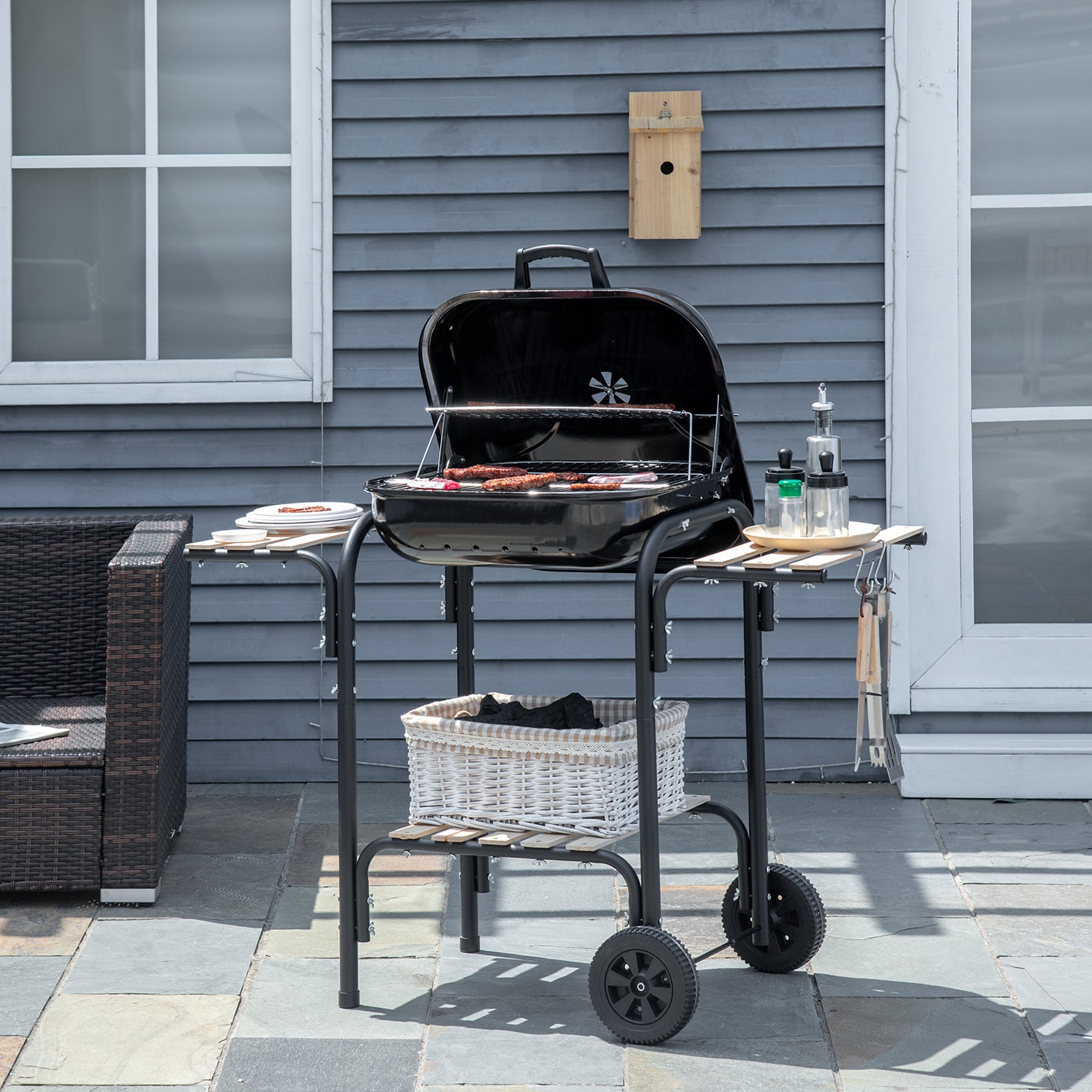 Charcoal BBQ with Shelves and Wheels, Wood BBQ with Lid and Air Vent, BBQ with Spatula, Tongs, Knife and Grill, Black