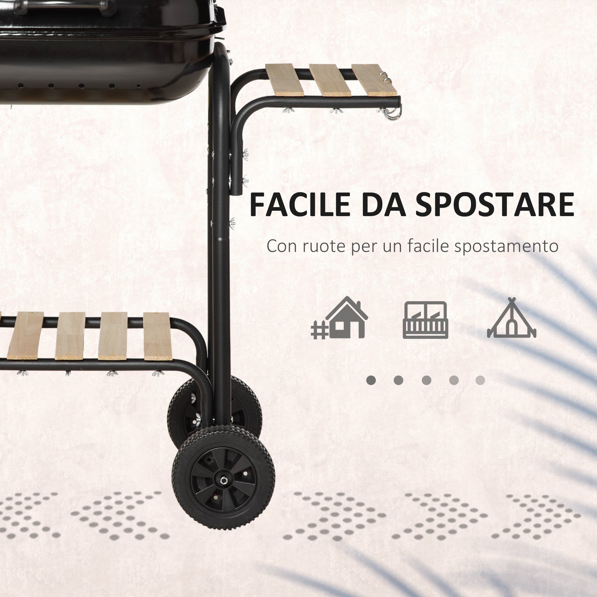 Charcoal BBQ with Shelves and Wheels, Wood BBQ with Lid and Air Vent, BBQ with Spatula, Tongs, Knife and Grill, Black