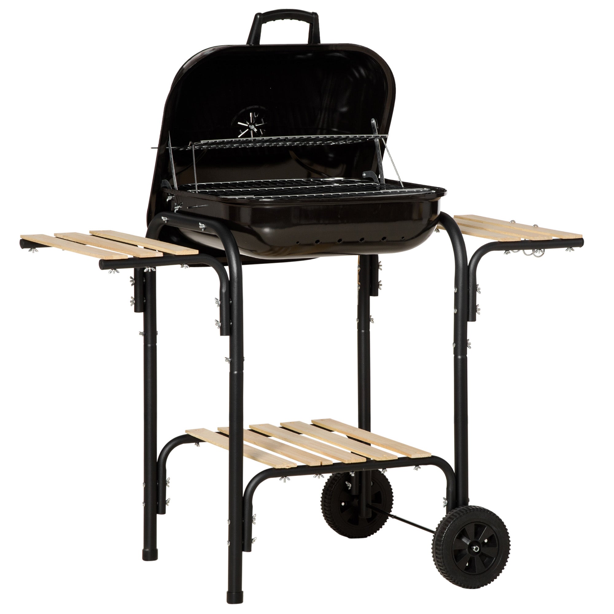 Charcoal BBQ with Shelves and Wheels, Wood BBQ with Lid and Air Vent, BBQ with Spatula, Tongs, Knife and Grill, Black