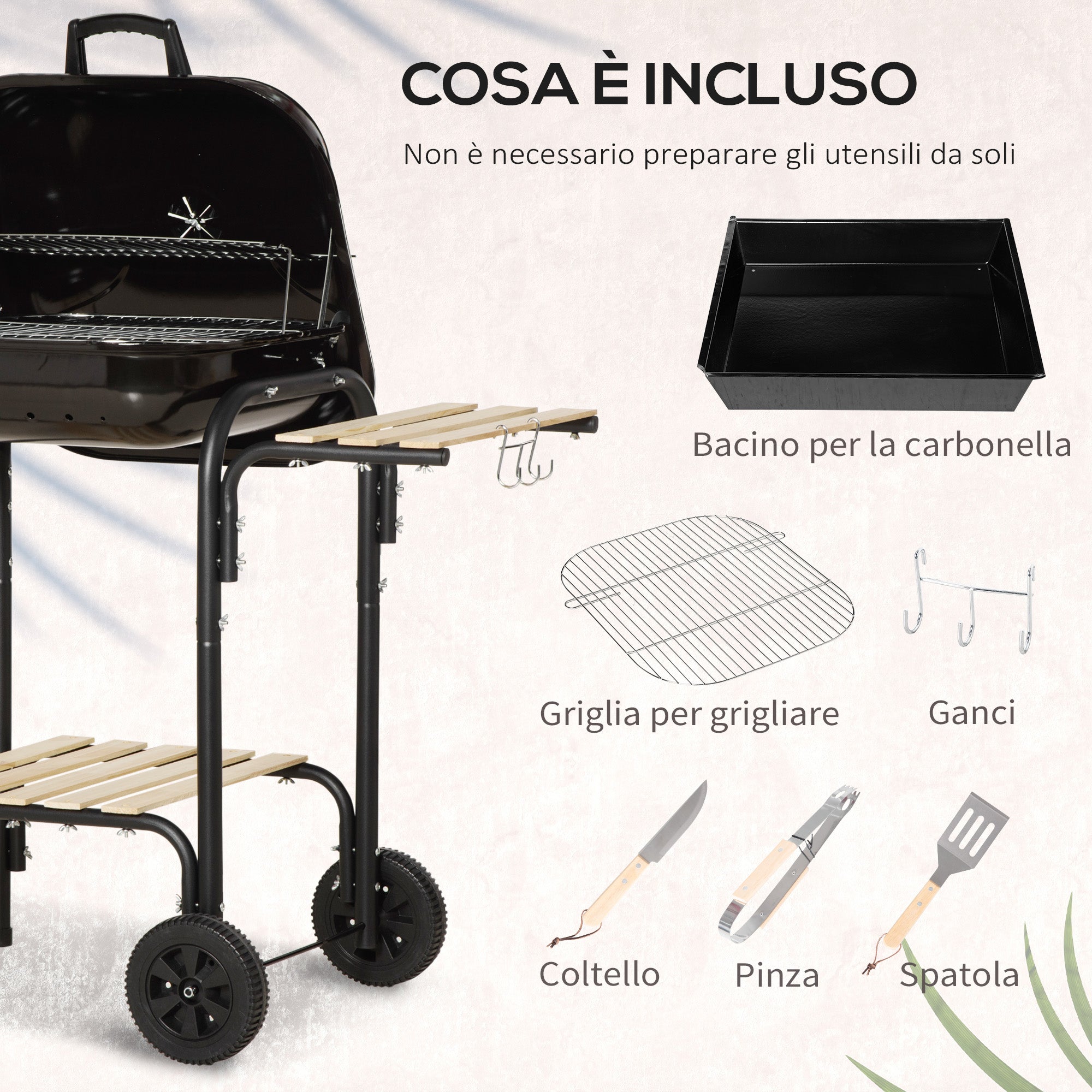 Charcoal BBQ with Shelves and Wheels, Wood BBQ with Lid and Air Vent, BBQ with Spatula, Tongs, Knife and Grill, Black