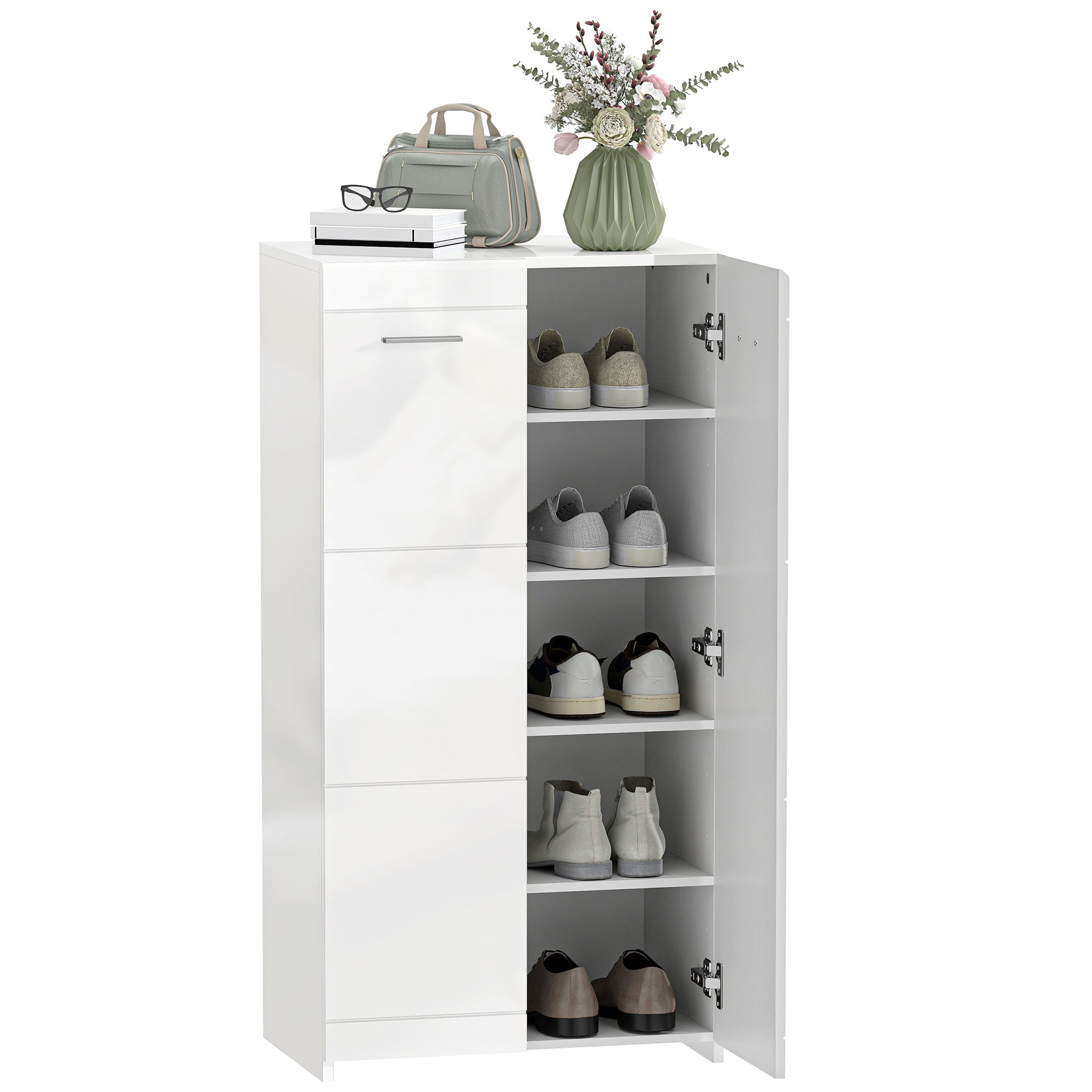 Shoe Cabinet, 2-Door 5-Tier Shoe Storage with Adjustable Shelves, Holds 10 Pairs, High-Gloss White, 21.7 x 14.2 x 42.5 in (55 x 36 x 108 cm)