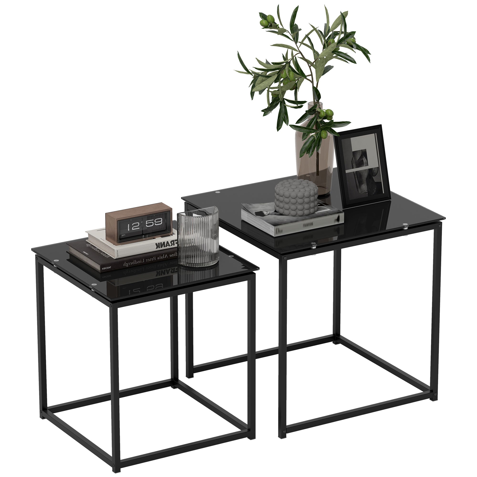Side Table 2-Piece Set, Coffee Table Set with Glass Tabletop, Square End Table Set for Bedroom, Living Room, Steel, Black