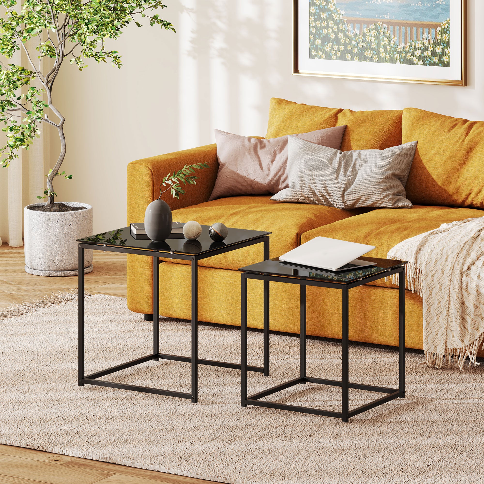 Side Table 2-Piece Set, Coffee Table Set with Glass Tabletop, Square End Table Set for Bedroom, Living Room, Steel, Black