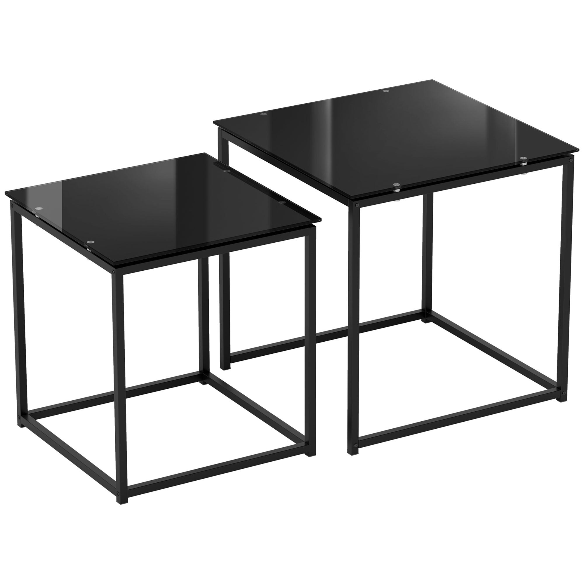 Side Table 2-Piece Set, Coffee Table Set with Glass Tabletop, Square End Table Set for Bedroom, Living Room, Steel, Black