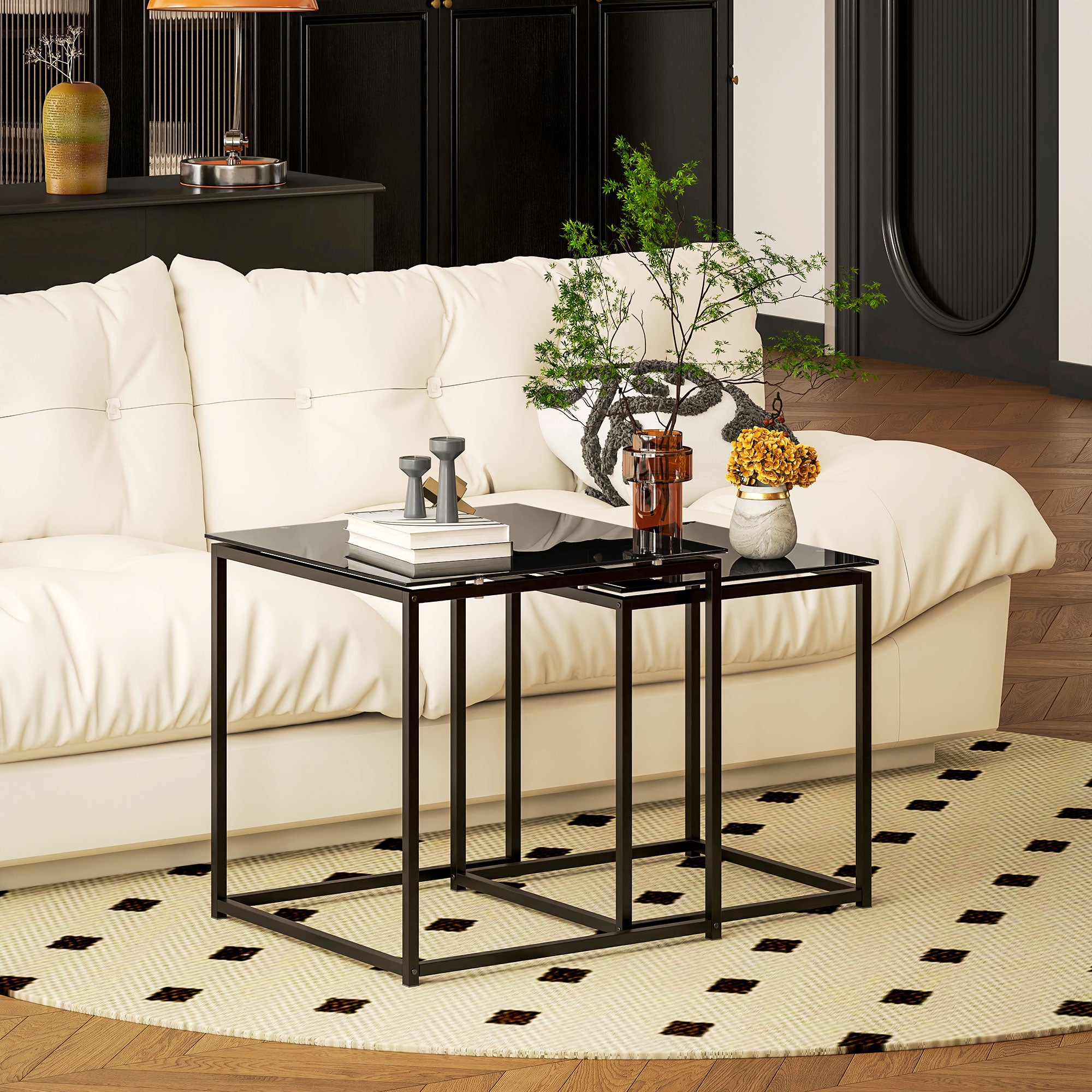 Side Table 2-Piece Set, Coffee Table Set with Glass Tabletop, Square End Table Set for Bedroom, Living Room, Steel, Black