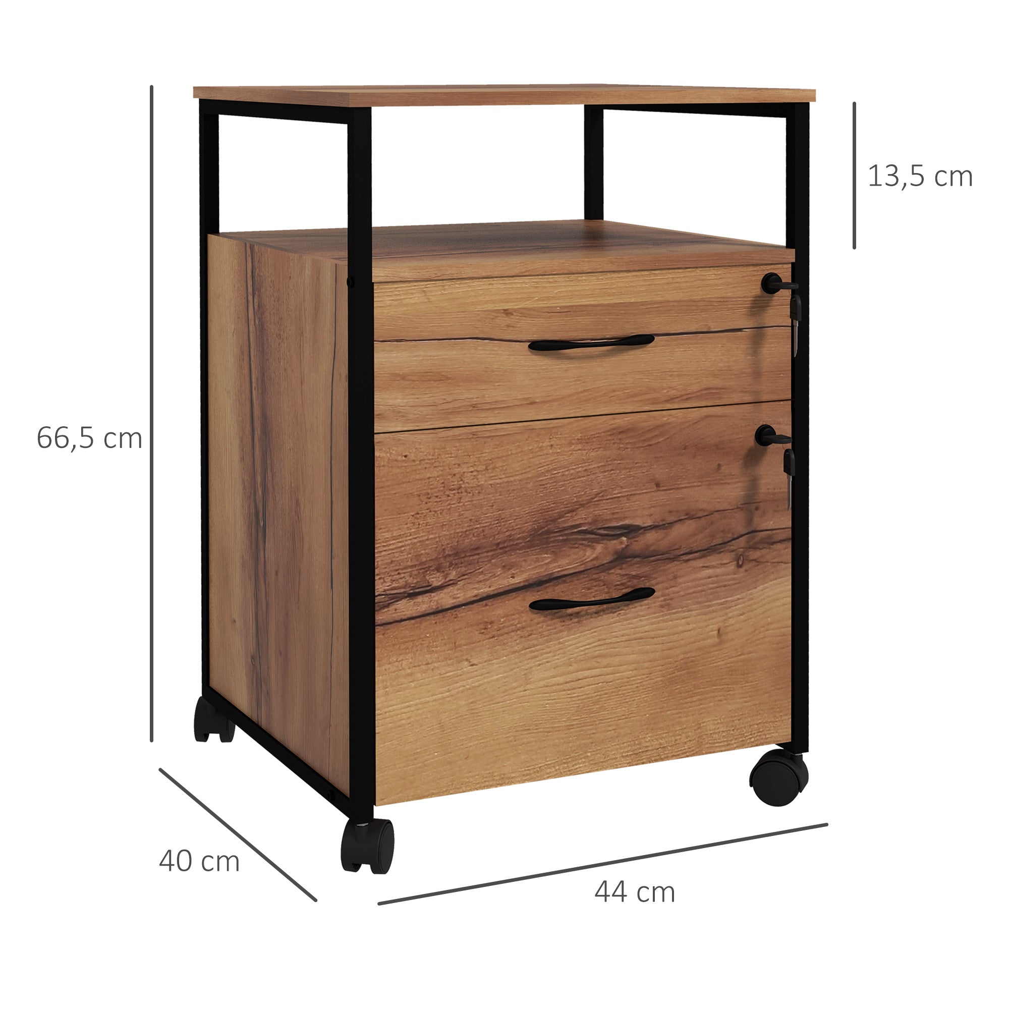 Office File Cabinet with Keys Mobile Filing Cabinet with Wheels 2 Drawers Hanging Bar for Letter A4 Size and 2 Keys 44x40x66.5 cm Rustic Brown