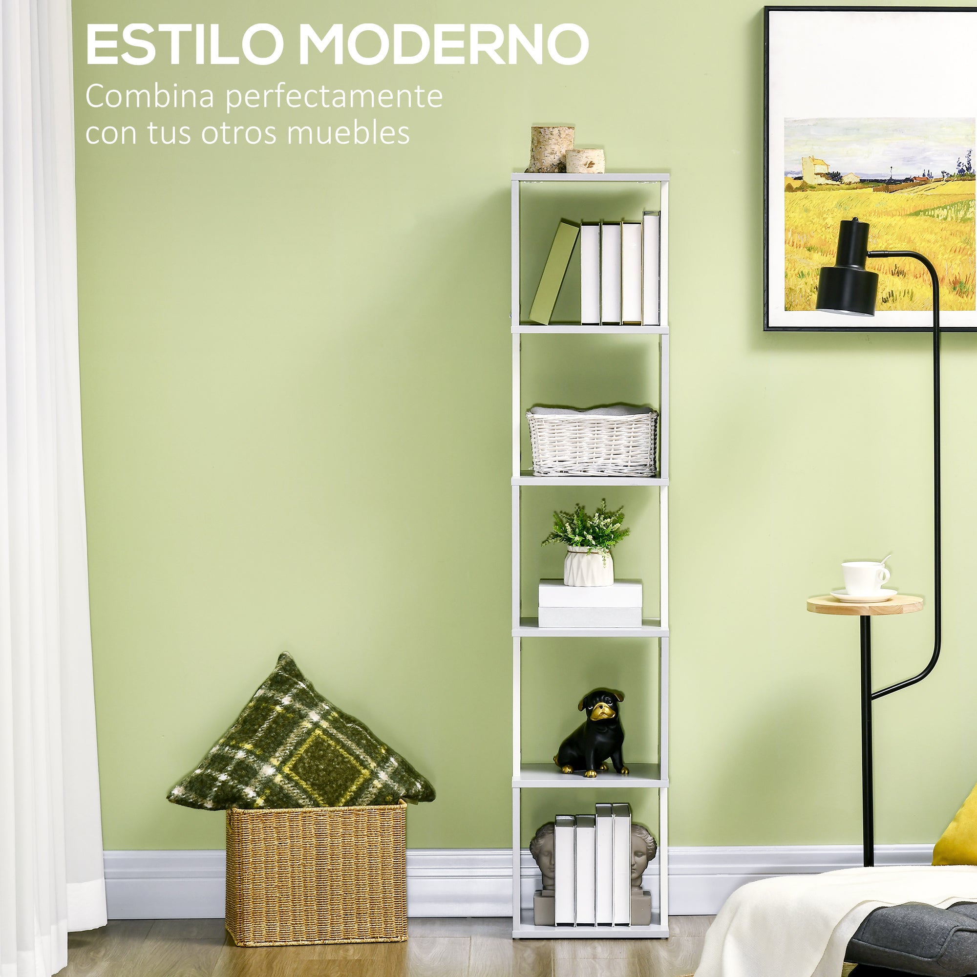 S-Shaped Bookcase Bookshelf with 5 Open Shelves for Living Room Home Office Study Anti-Tip 100 kg Load 33x28x161 cm White and Light Gray